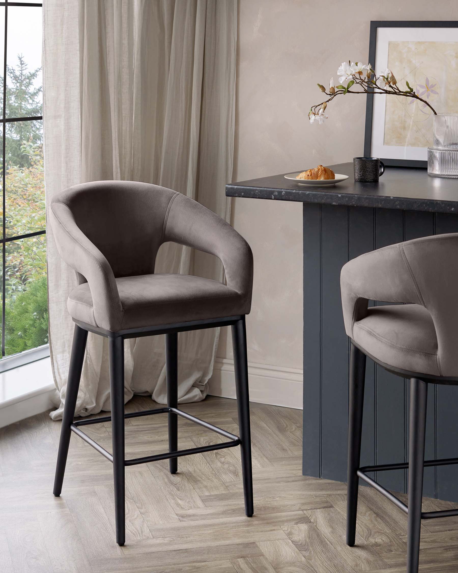 Heath Mocha Plush Velvet Black Wood Bar Stool - Image 5
