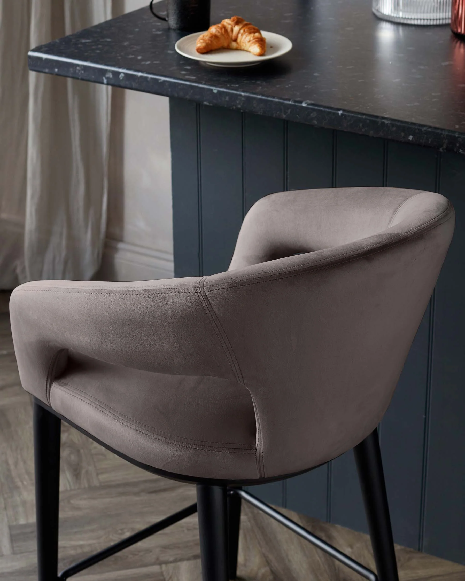 Heath Mocha Plush Velvet Black Wood Bar Stool - Image 7
