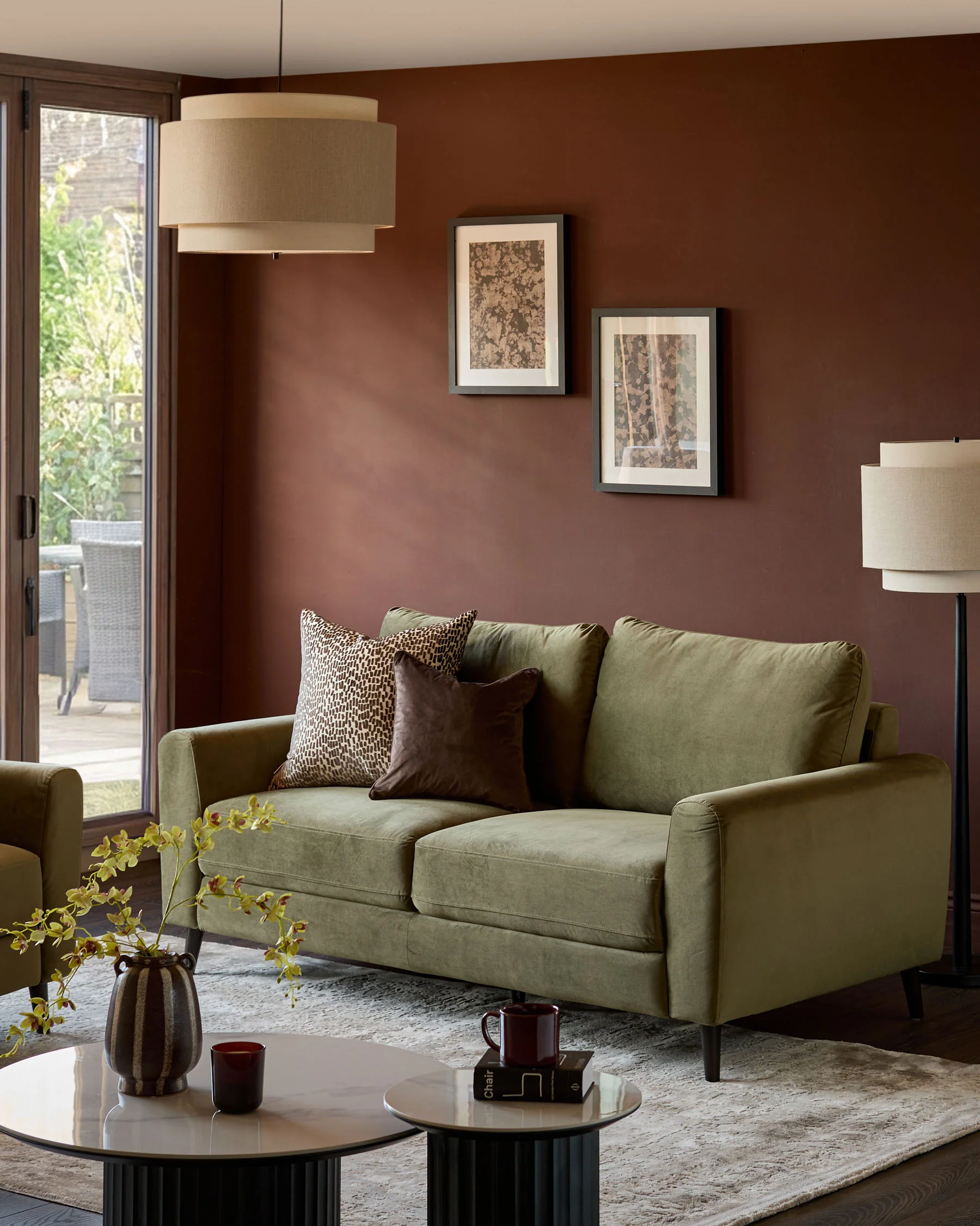 Jacob olive green velvet dark wood 3 seater sofa - Image 2