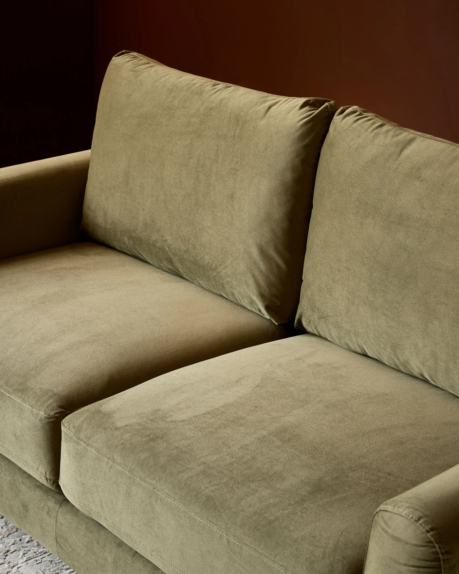 Jacob olive green velvet dark wood 3 seater sofa - Image 3