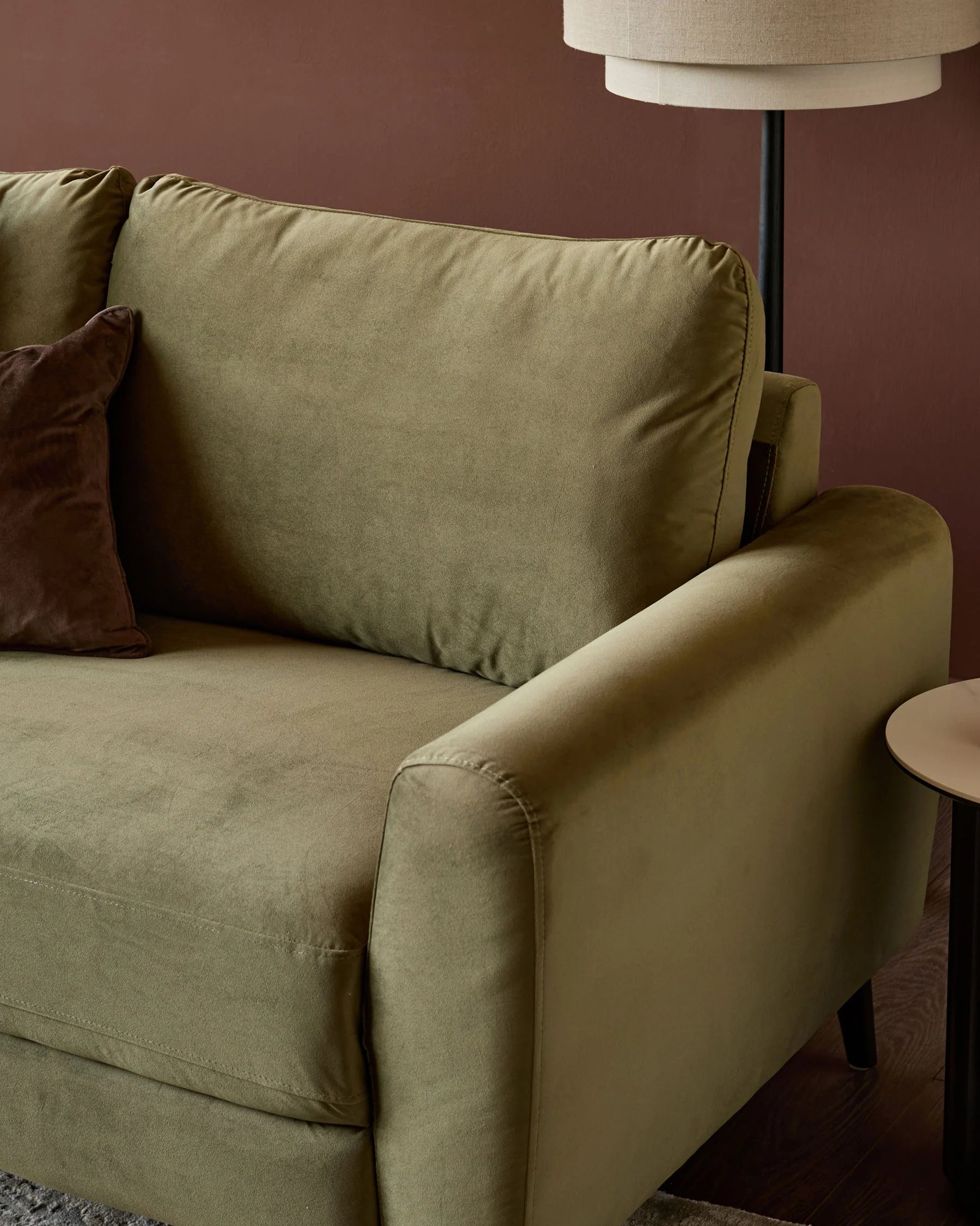 Jacob olive green velvet dark wood 3 seater sofa - Image 4