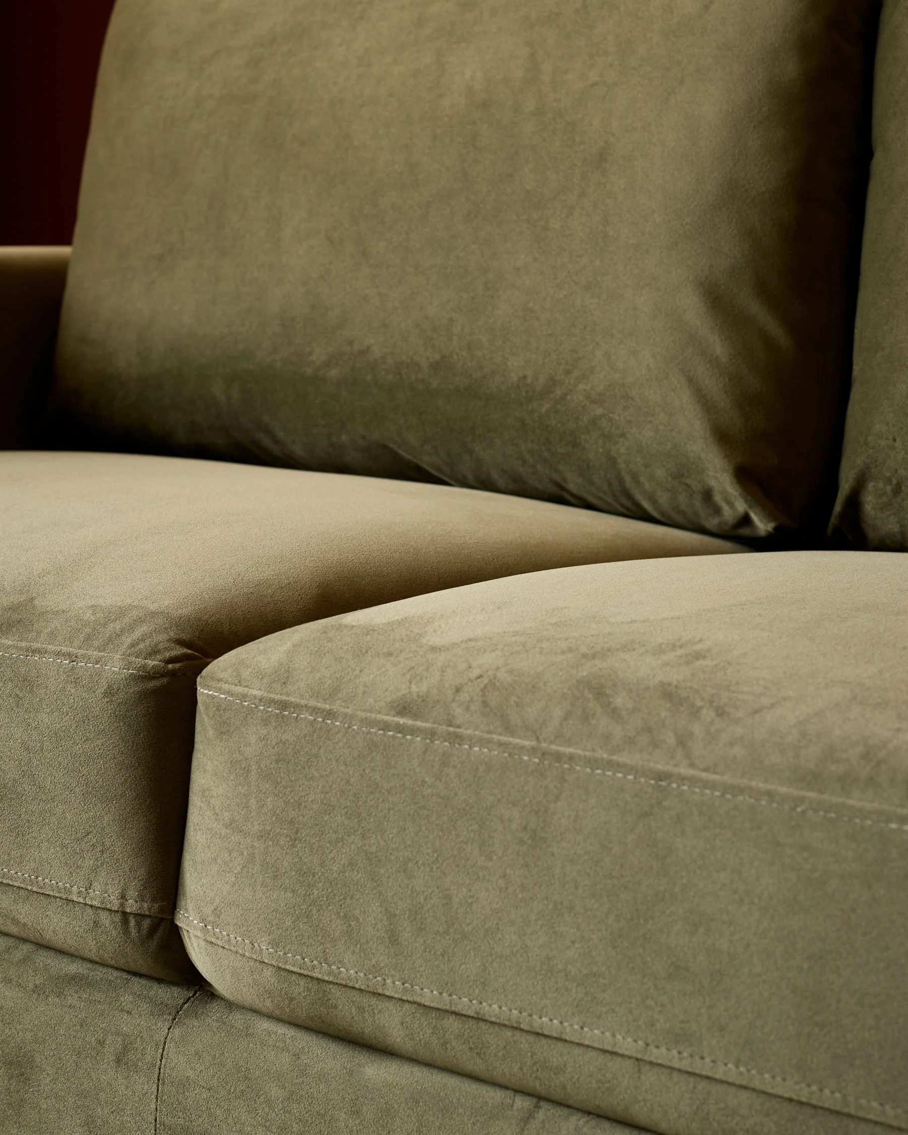 Jacob olive green velvet dark wood 3 seater sofa - Image 6