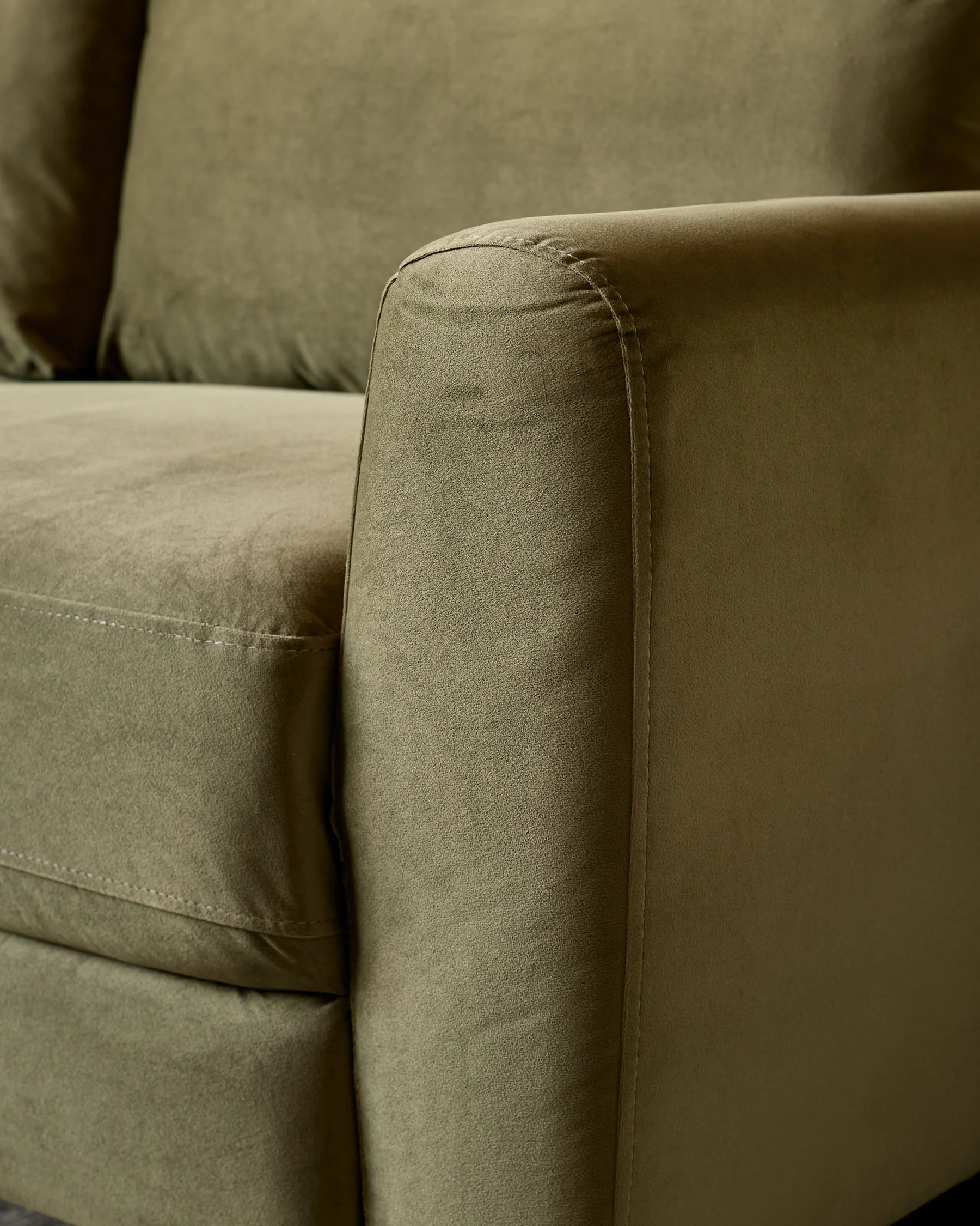 Jacob olive green velvet dark wood 3 seater sofa - Image 8