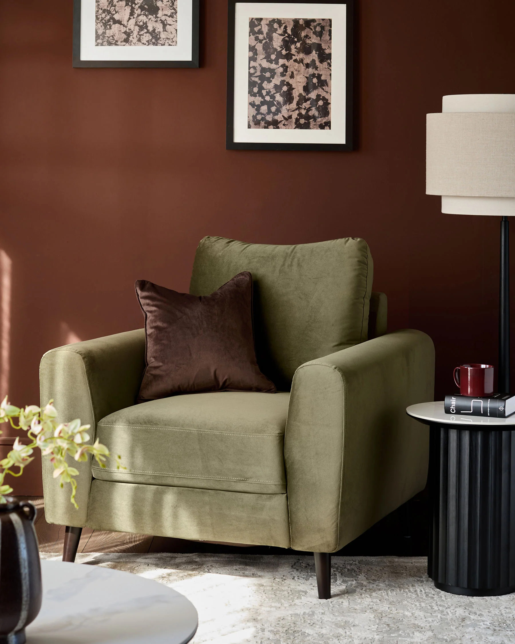 Jacob olive green velvet dark wood armchair