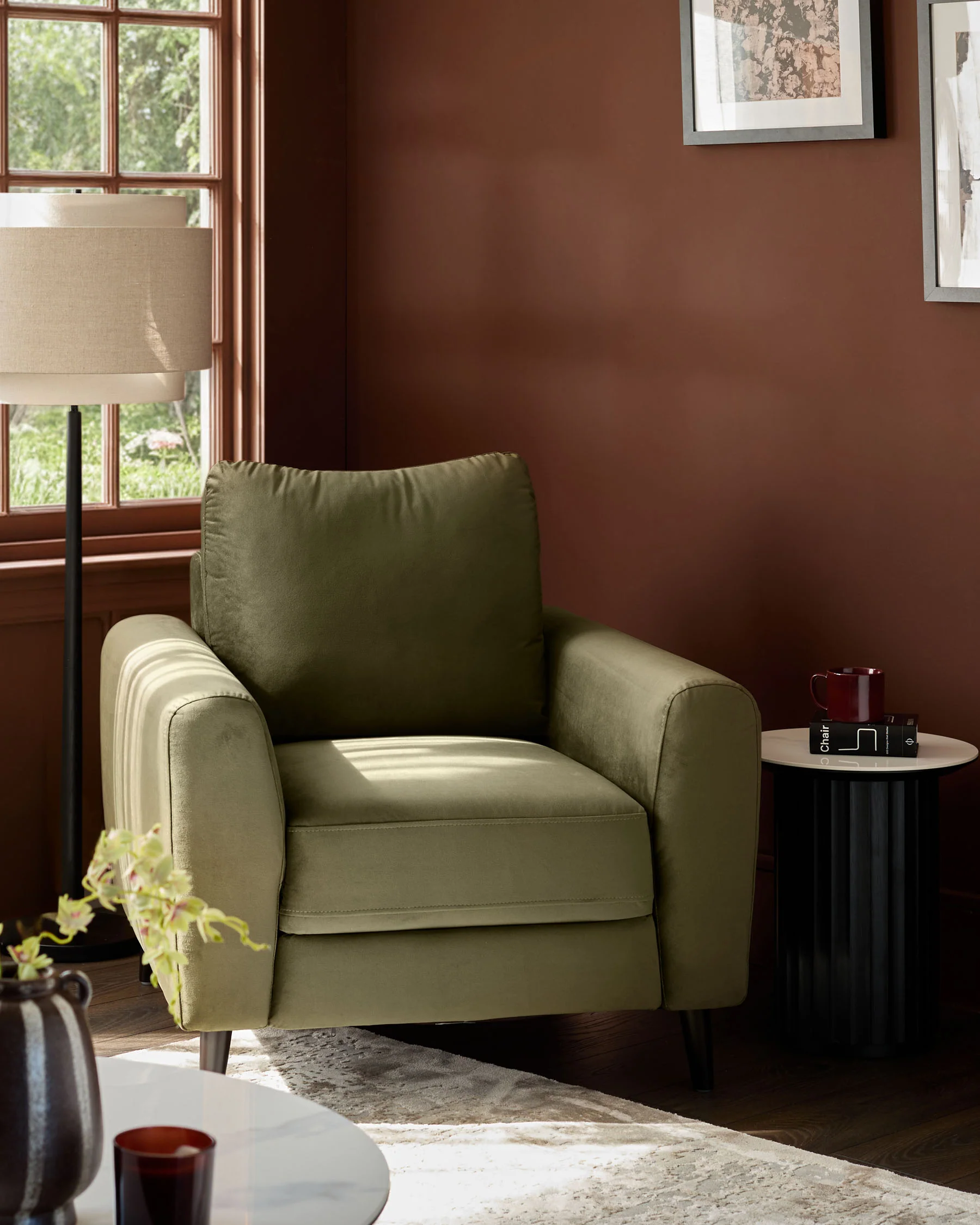 Jacob olive green velvet dark wood armchair - Image 2