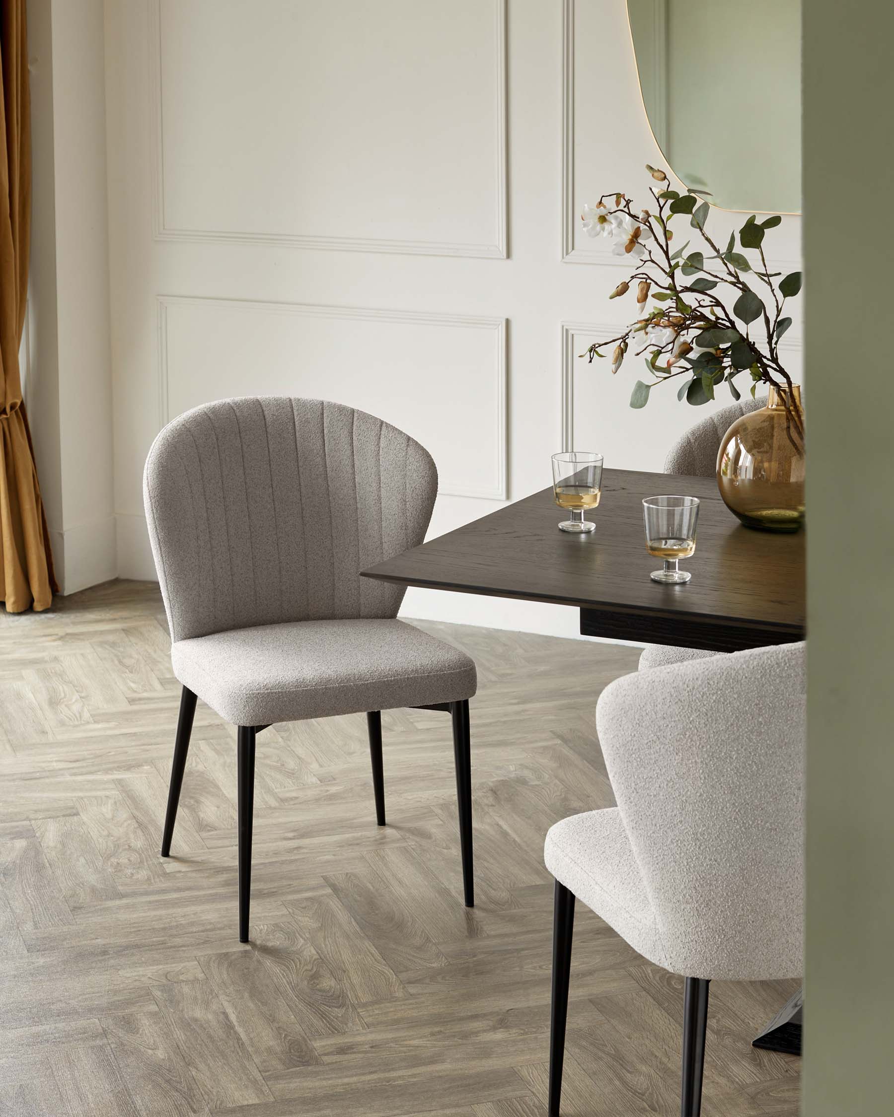 Kai 6-8 Black Wood Dining Table with 6 Harper II Warm Grey Soft Touch Boucle Dining Chairs - Image 2