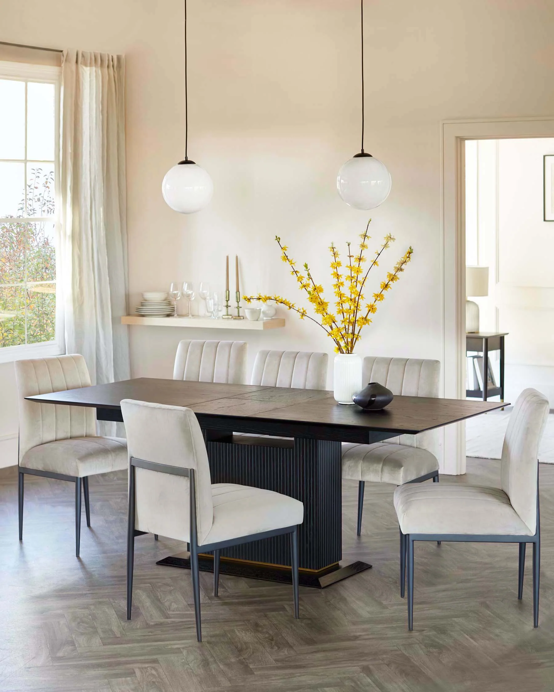 Kai black oak 6-8 seater table and 6 Kendra dining chairs set