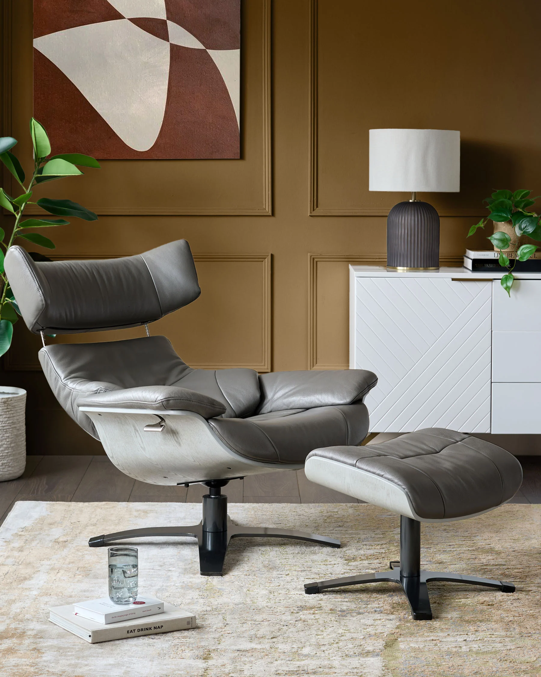 Karma dark grey leather swivel recliner accent chair and footstool - Image 3