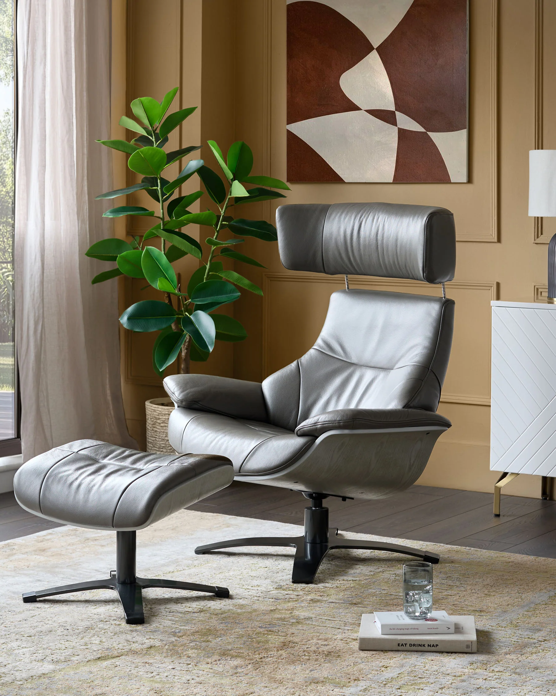 Karma dark grey leather swivel recliner accent chair and footstool - Image 5