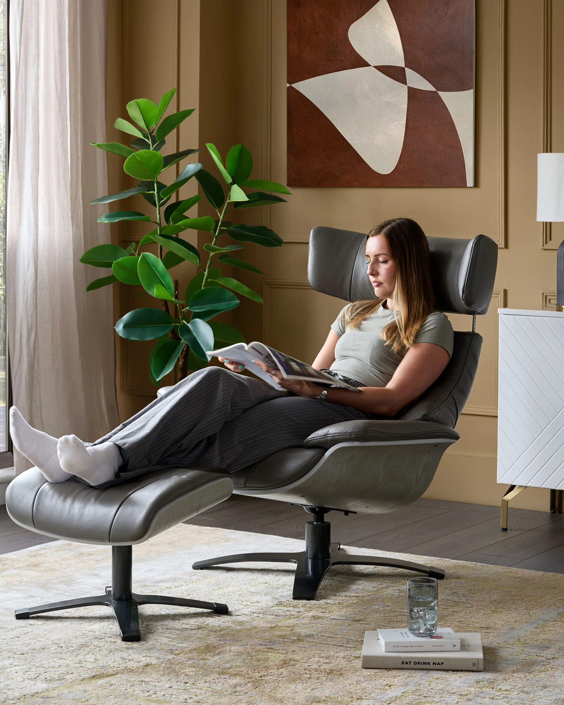 Karma dark grey leather swivel recliner accent chair and footstool - Image 7