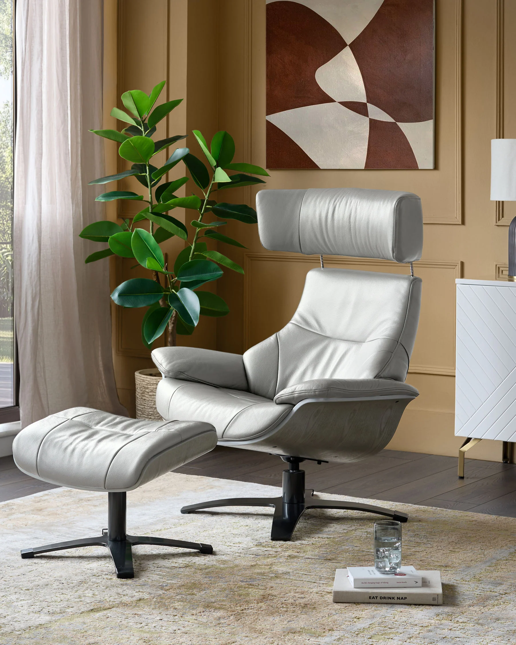 Karma natural grey leather swivel recliner accent chair and footstool - Image 4