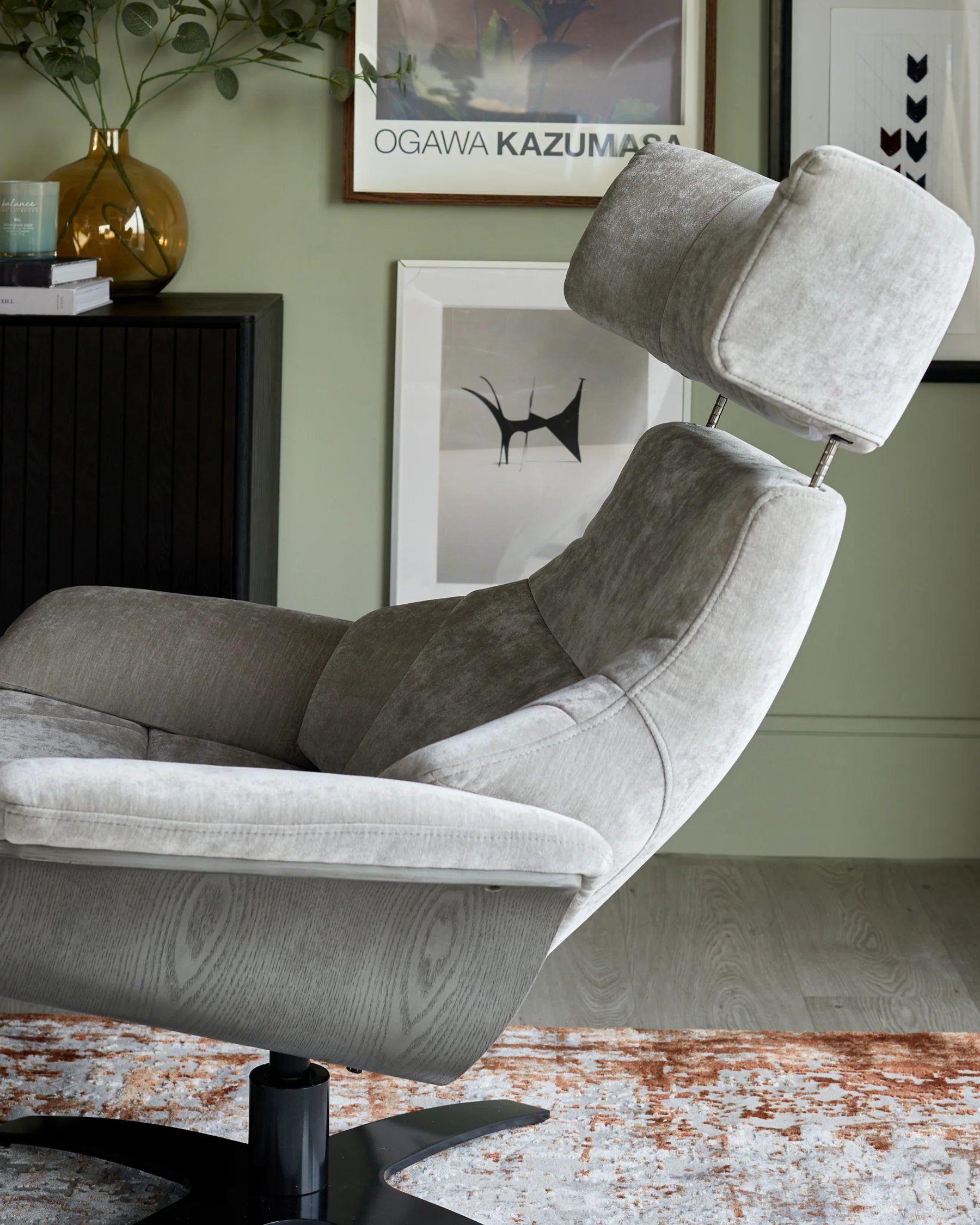 Karma light grey fabric swivel recliner accent chair and footstool - Image 3