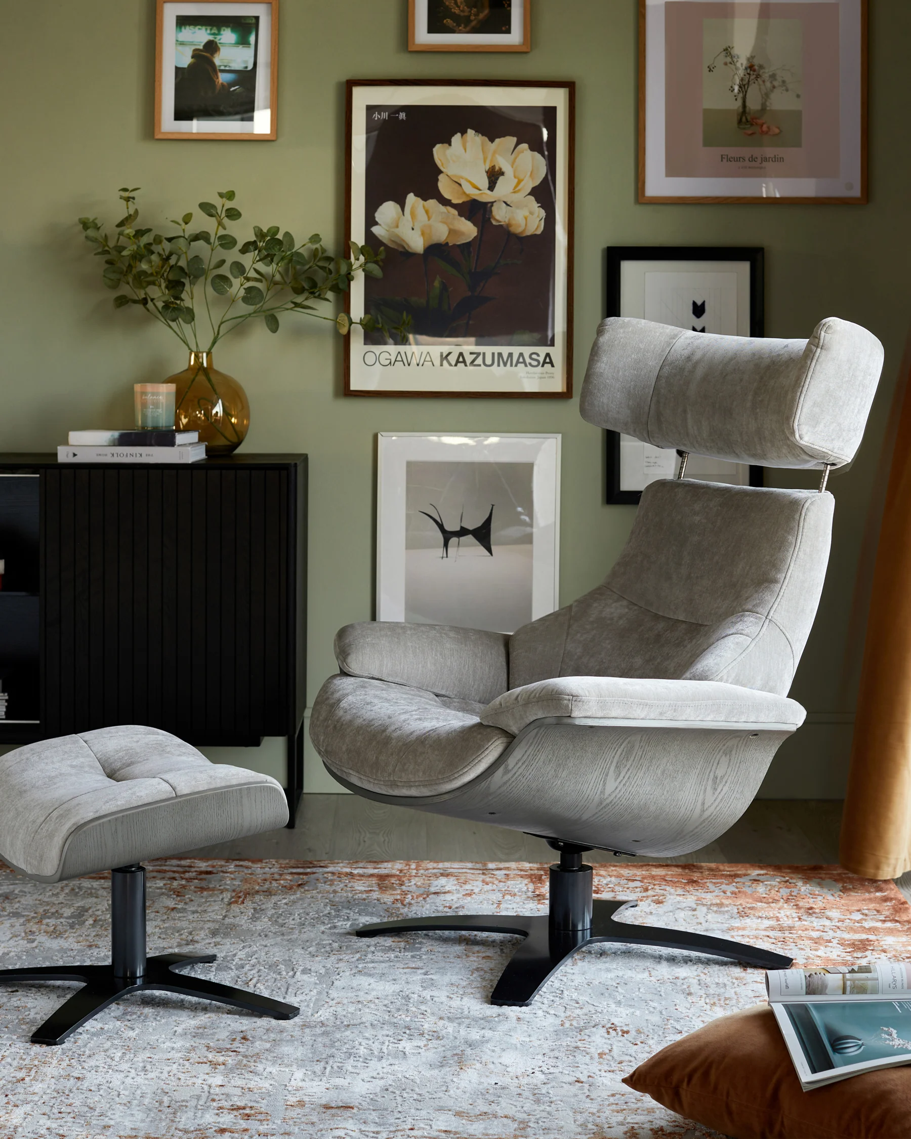 Karma light grey fabric swivel recliner accent chair and footstool - Image 4