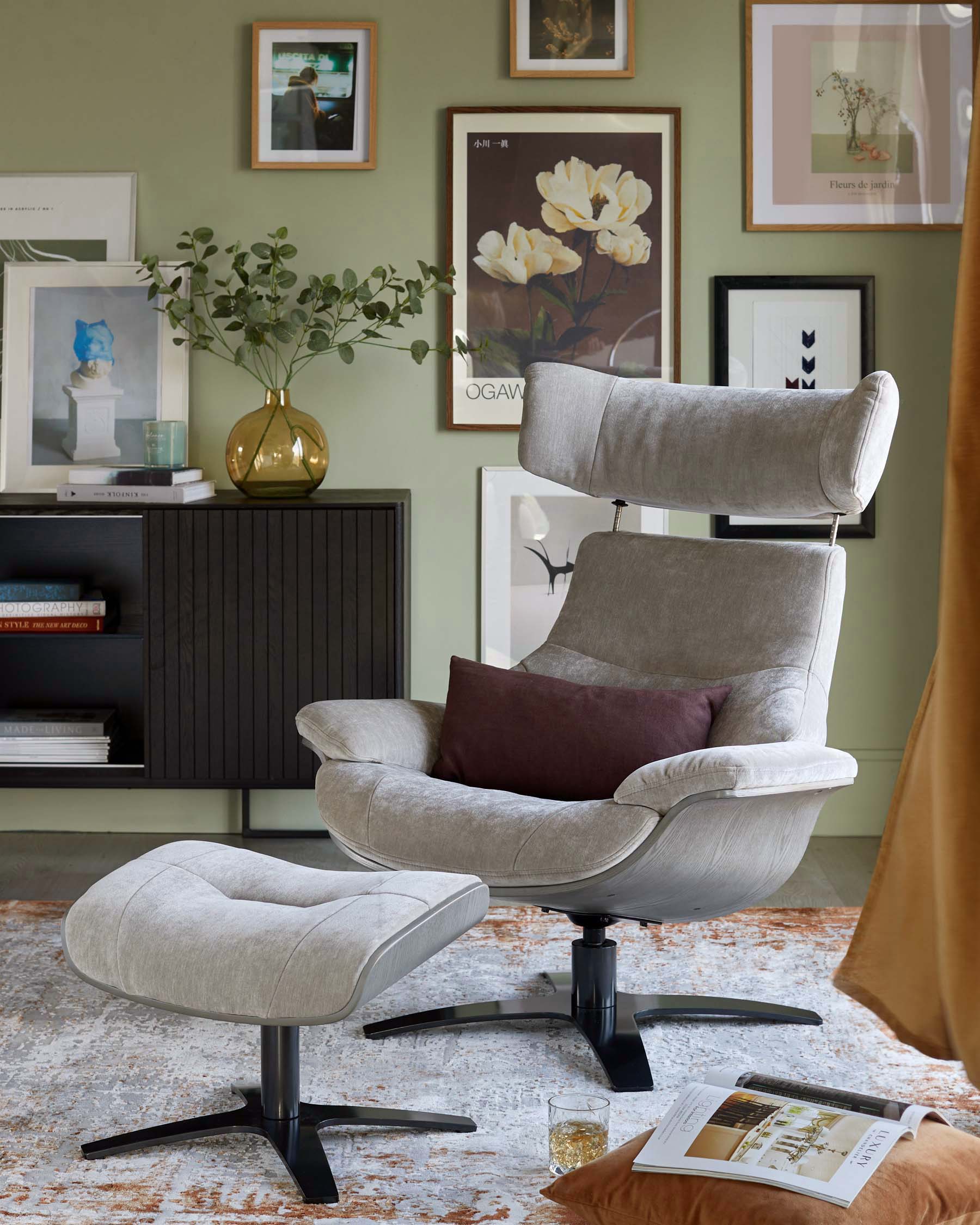 Karma light grey fabric swivel recliner accent chair and footstool - Image 6