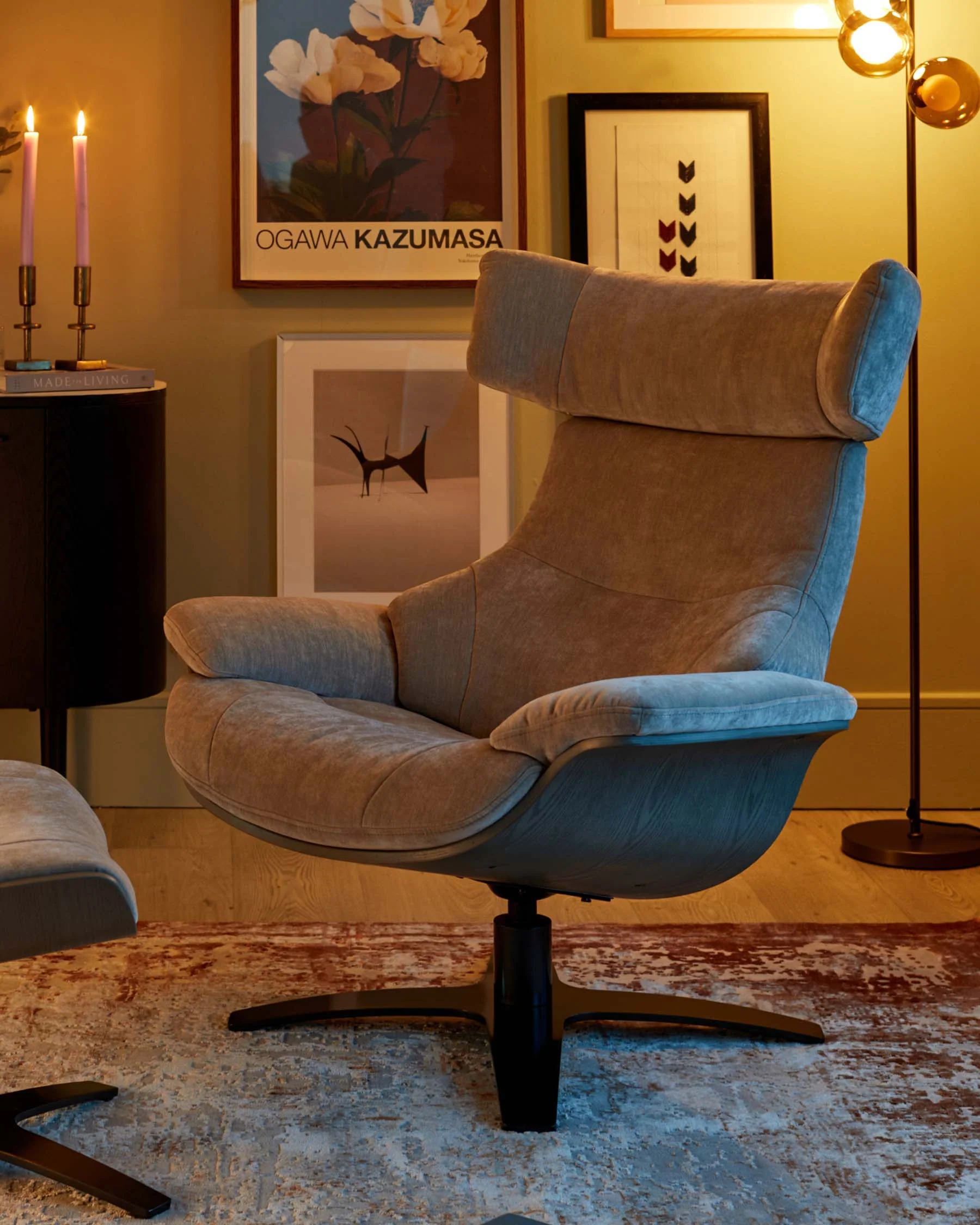 Karma light grey fabric swivel recliner accent chair and footstool - Image 7
