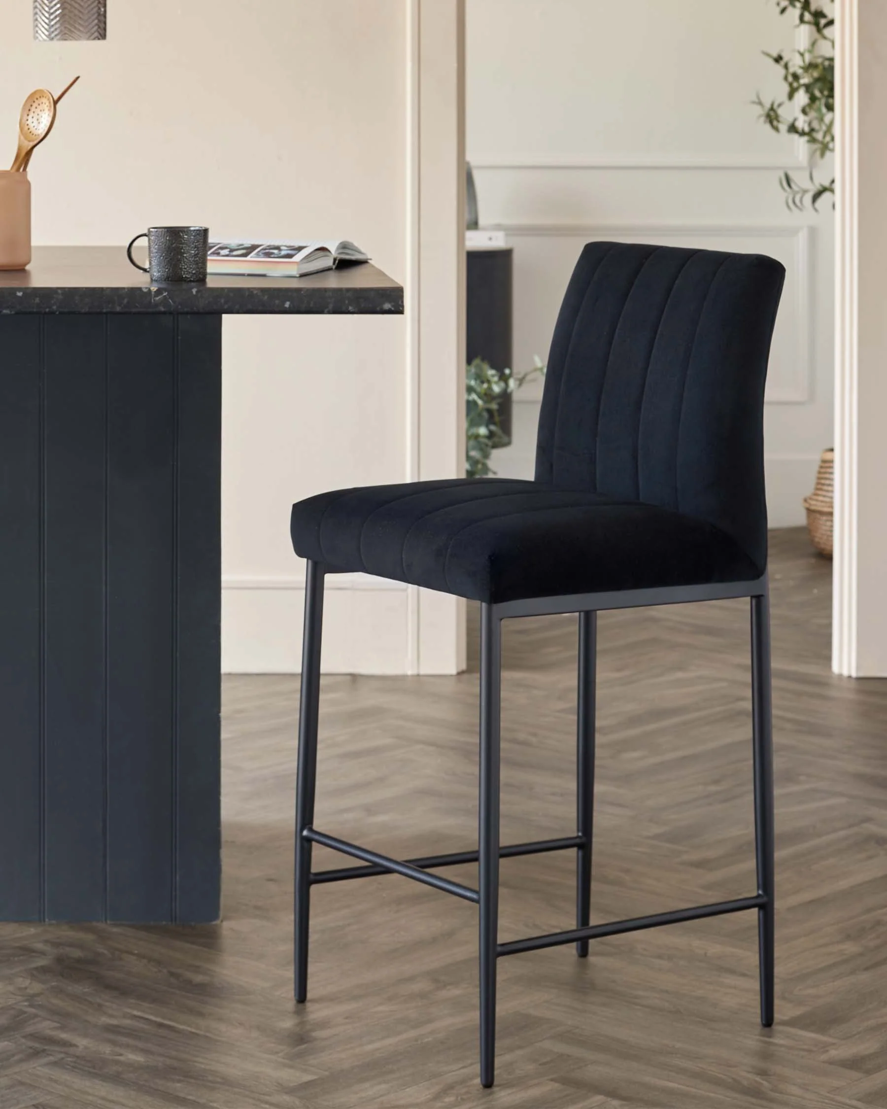 Kendra Black Metal Bar Stool Black Classic Velvet