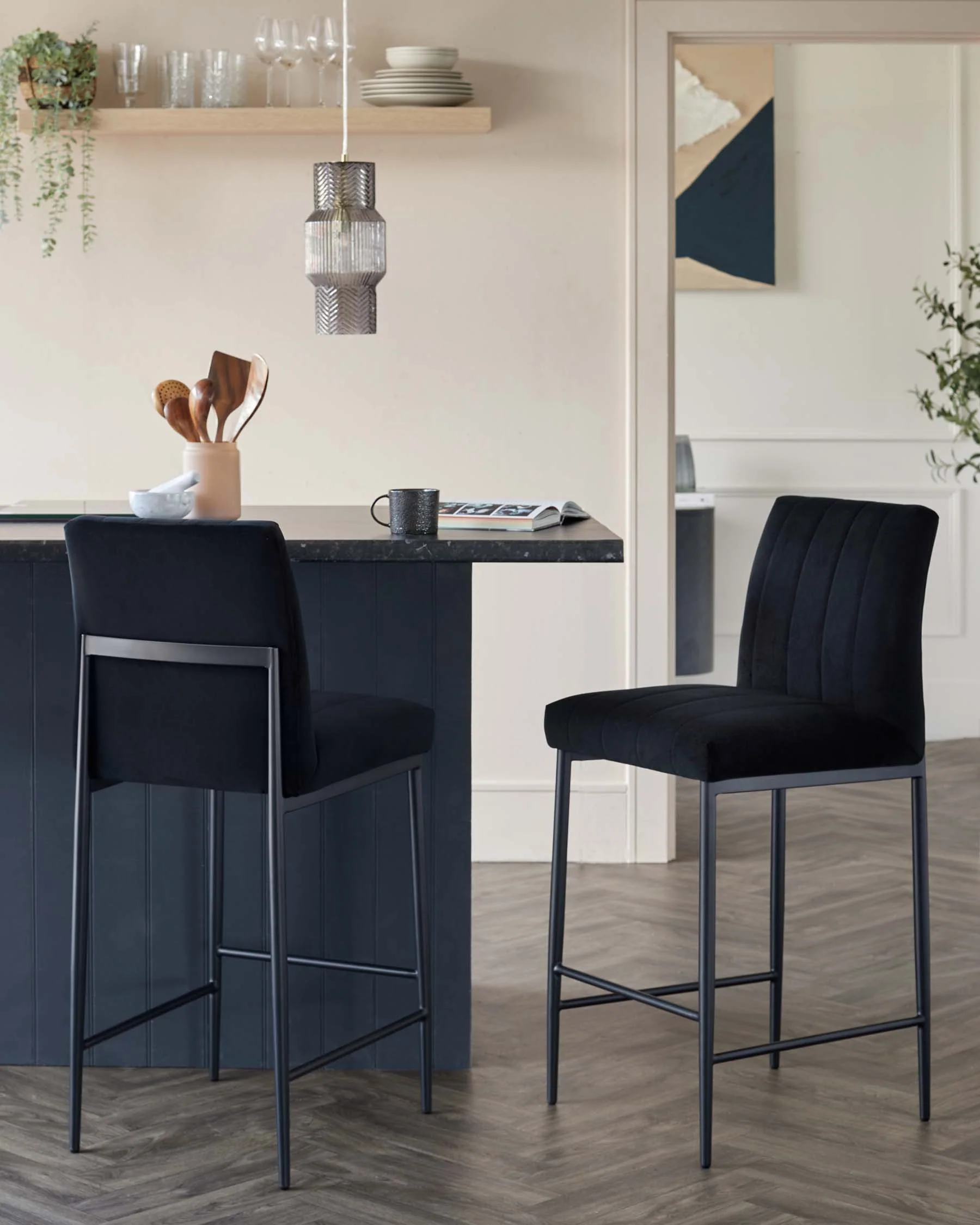Kendra Black Metal Bar Stool Black Classic Velvet - Image 2