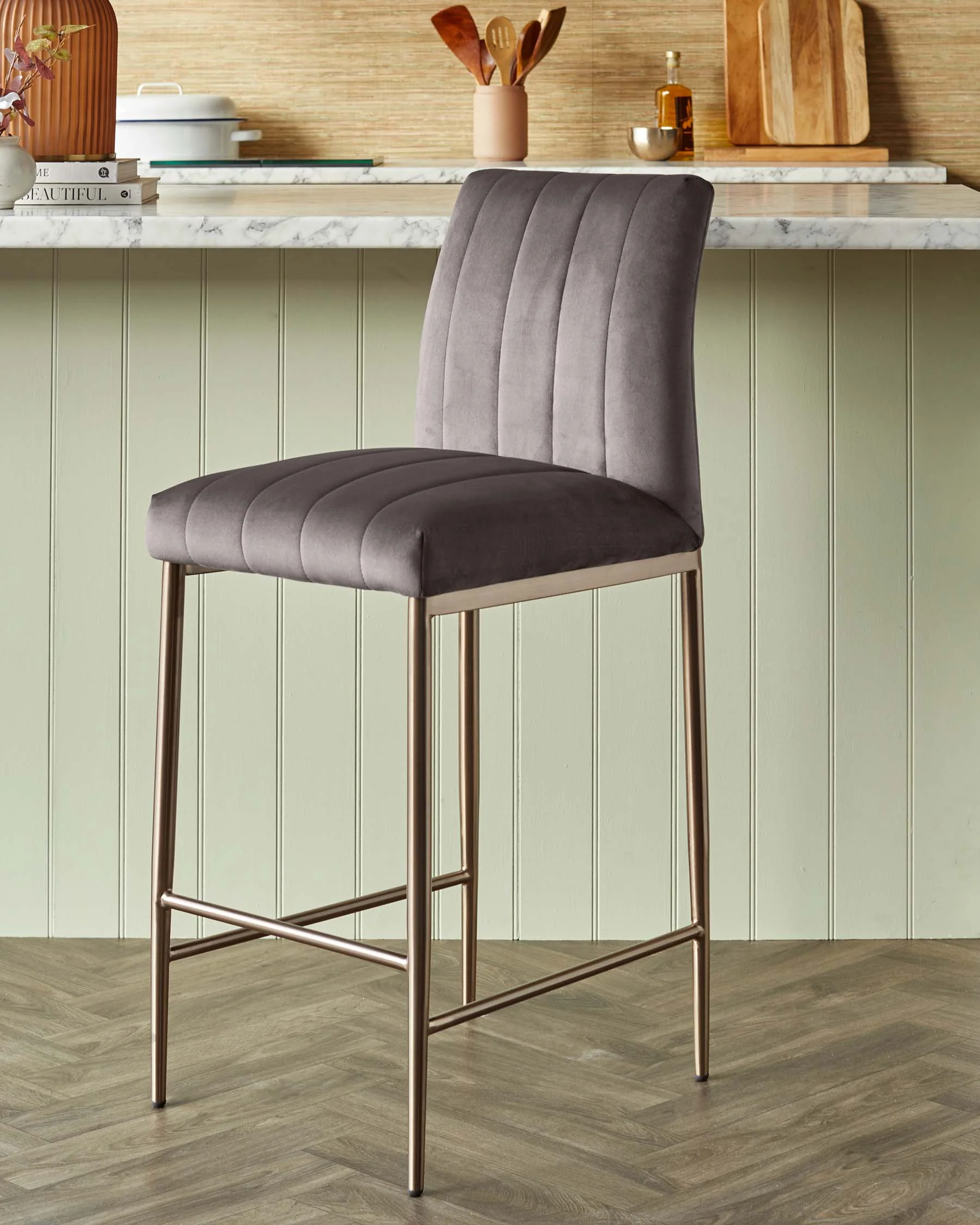 Kendra Brushed Bronze Bar Stool Mocha Velvet