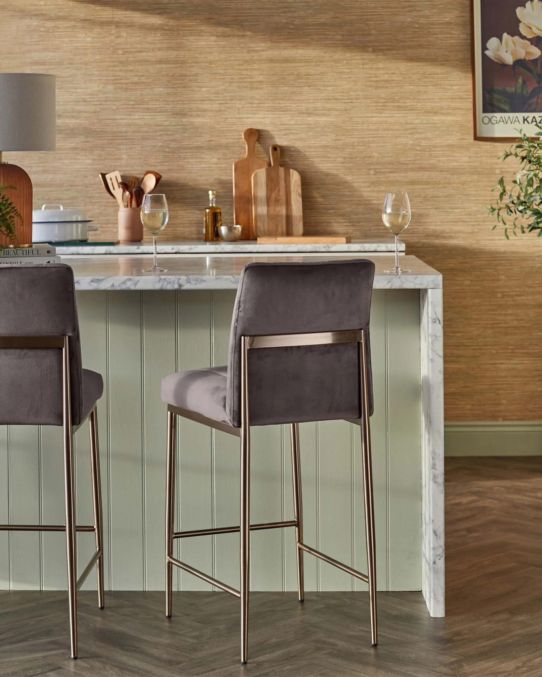 Kendra Brushed Bronze Bar Stool Mocha Velvet - Image 3