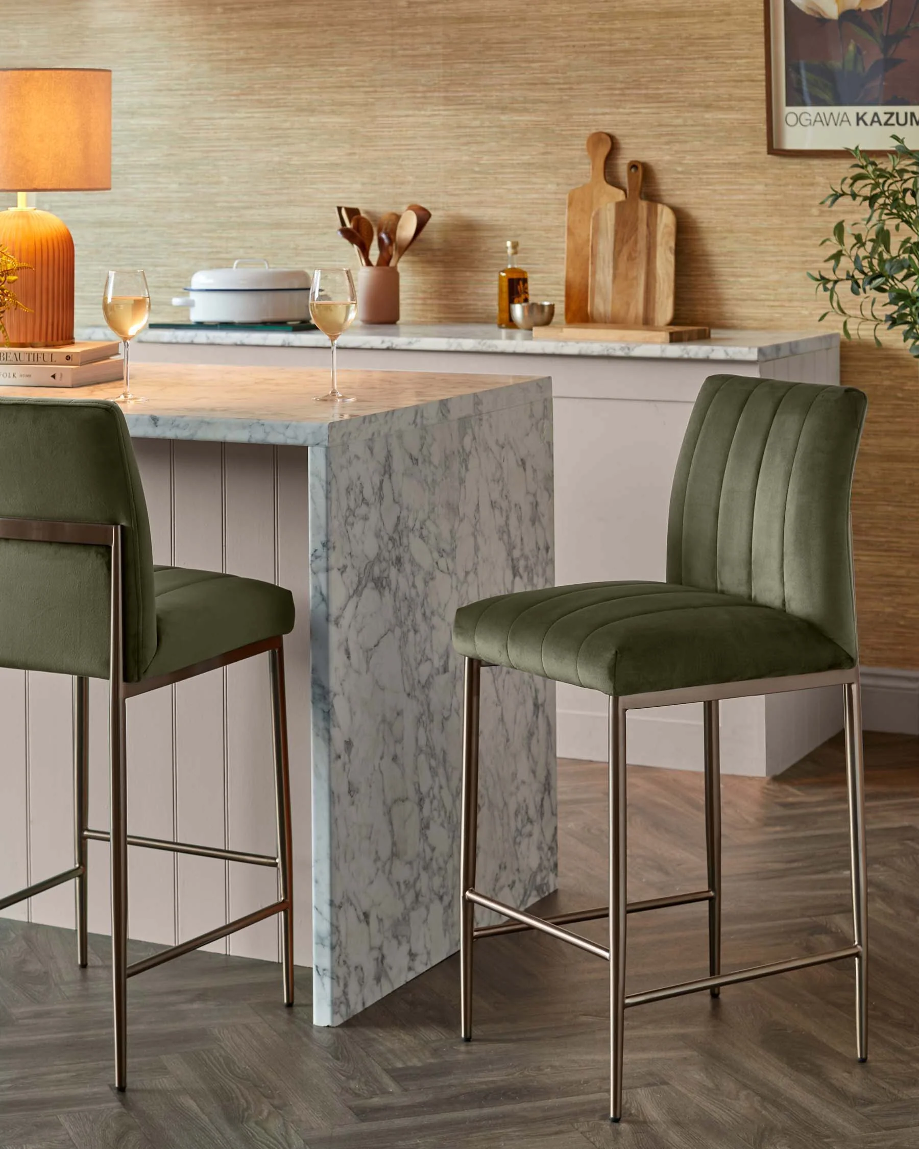Kendra olive green velvet bar stool - Image 2