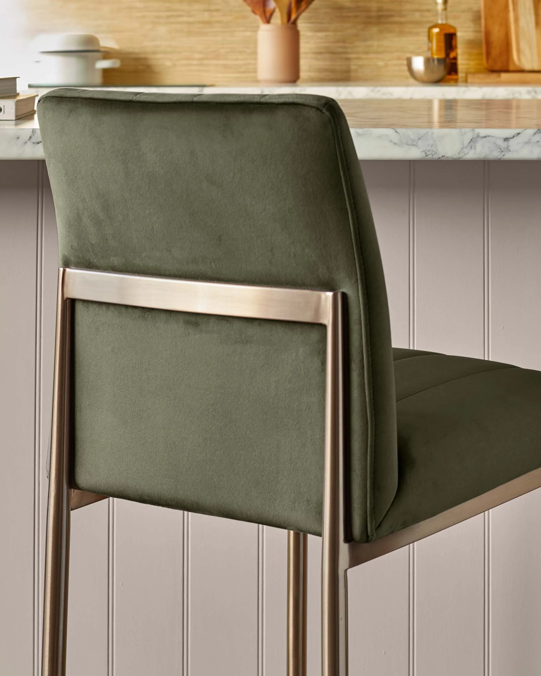 Kendra olive green velvet bar stool - Image 3