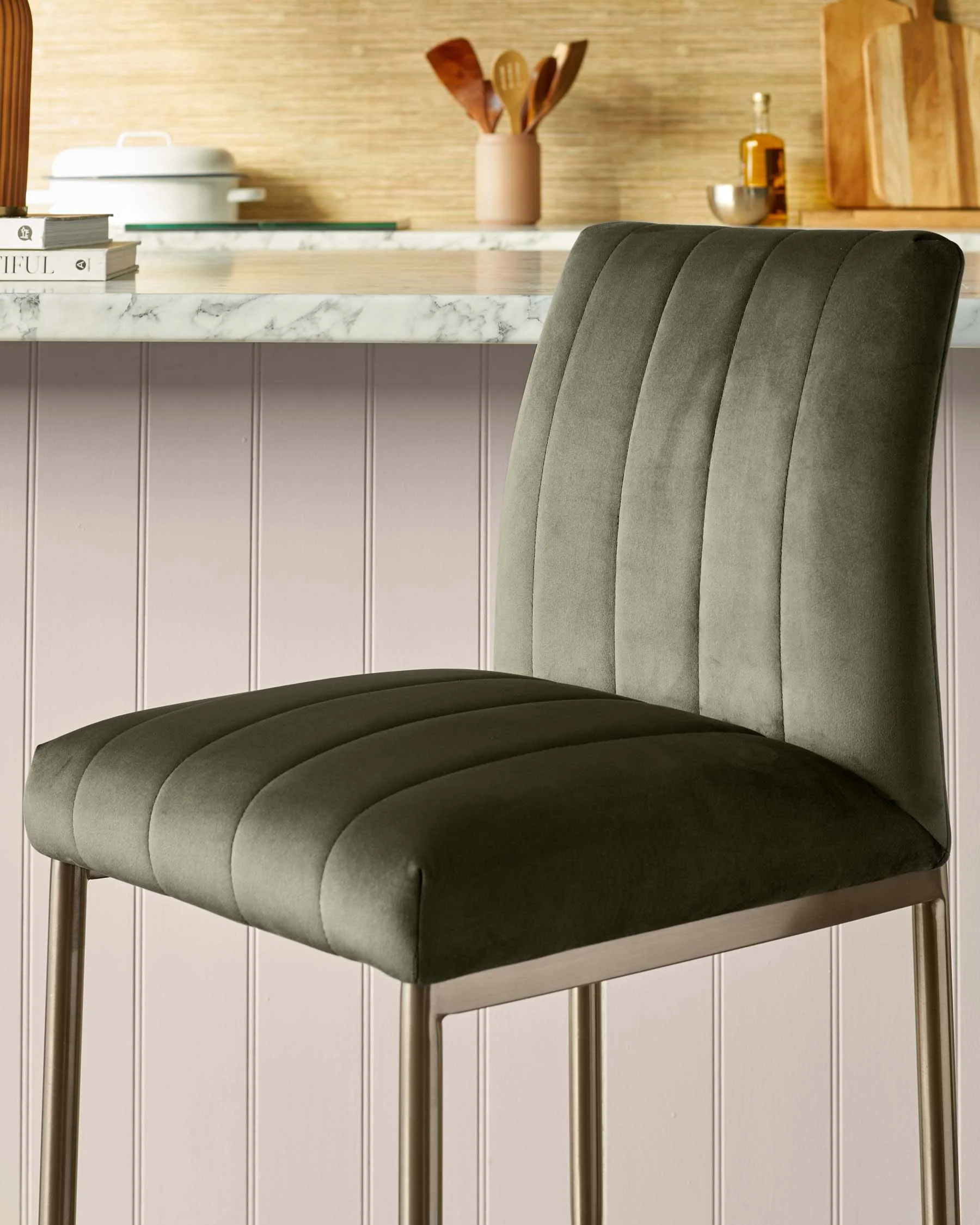 Kendra olive green velvet bar stool - Image 4