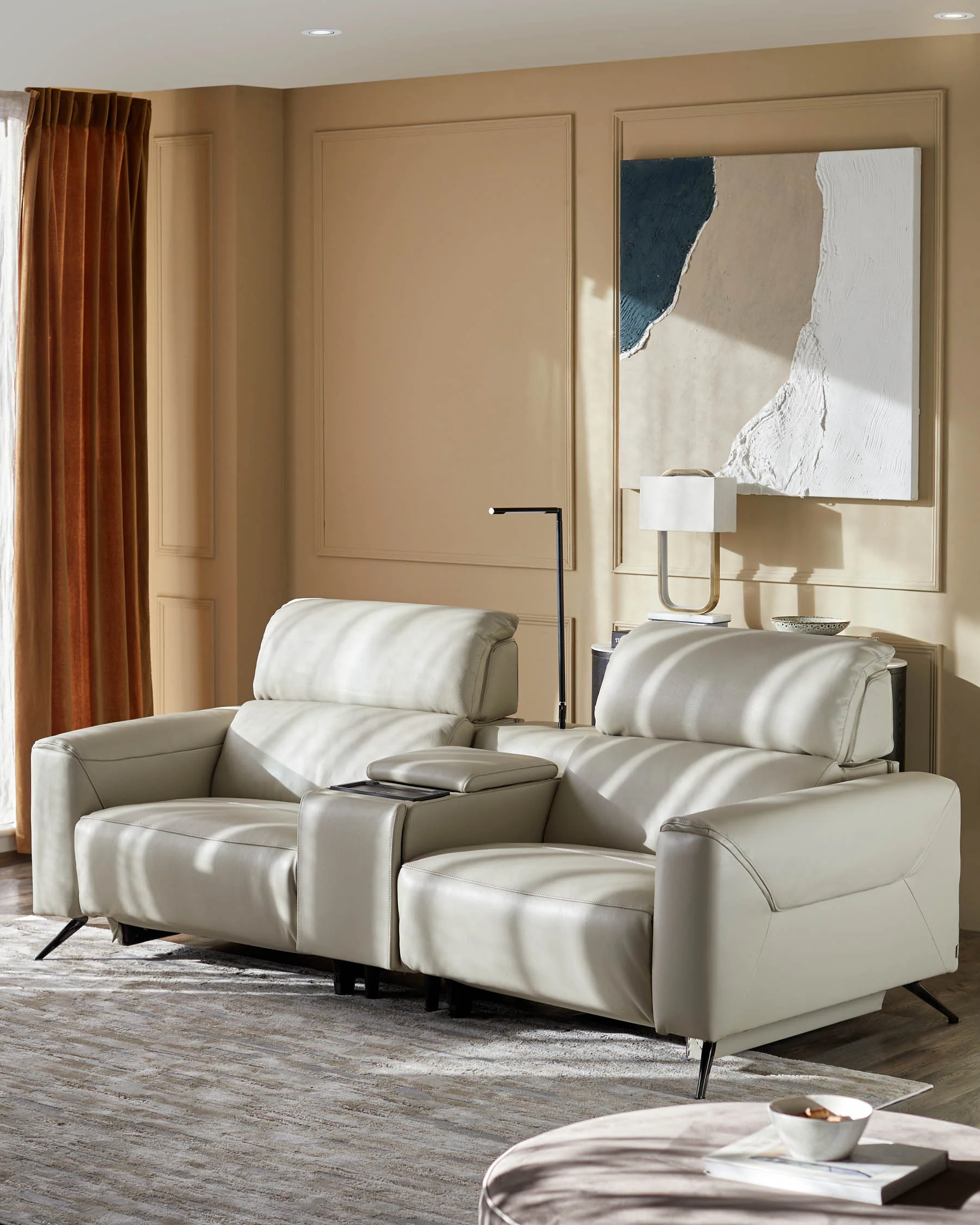 Kenzie Natural Grey Leather Recliner 2 Seater Sofa with console table - Image 3