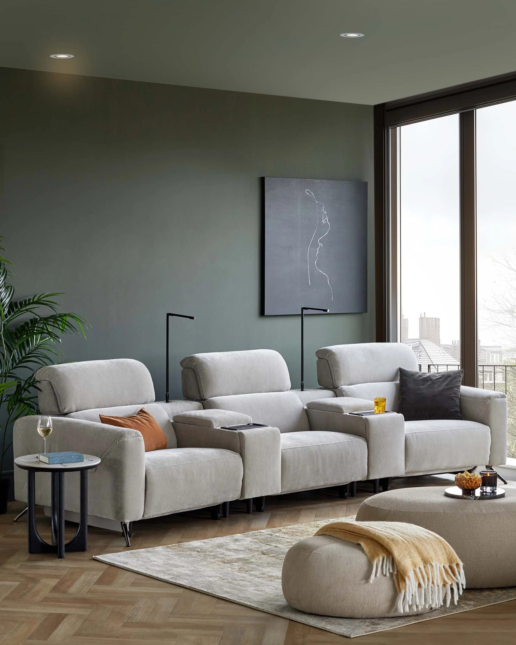 Kenzie light grey fabric recliner 3 seater sofa with console - Image 3