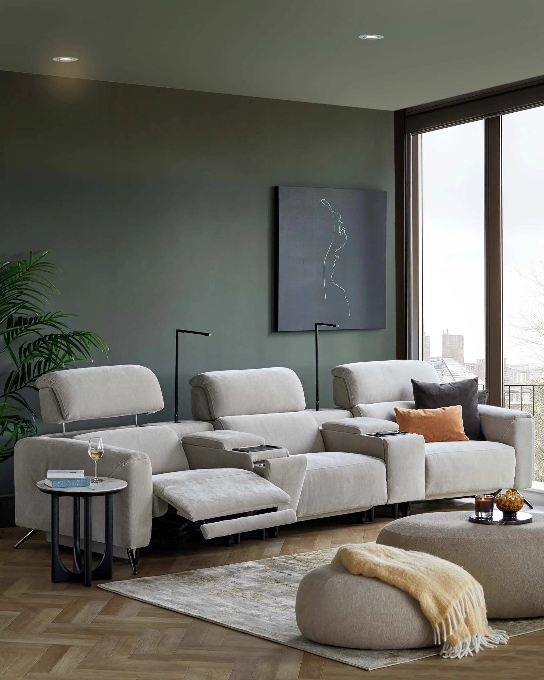 Kenzie light grey fabric recliner 3 seater sofa with console - Image 4