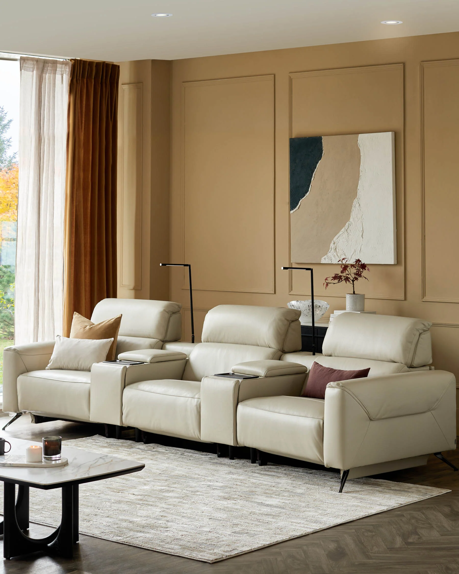 Kenzie Natural Grey Leather Recliner 3 Seater Sofa with Console table - Image 3