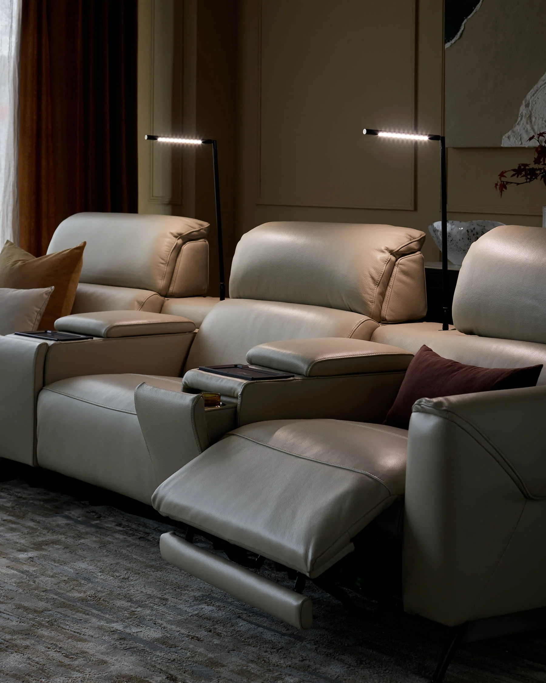 Kenzie Natural Grey Leather Recliner 3 Seater Sofa with Console table - Image 5