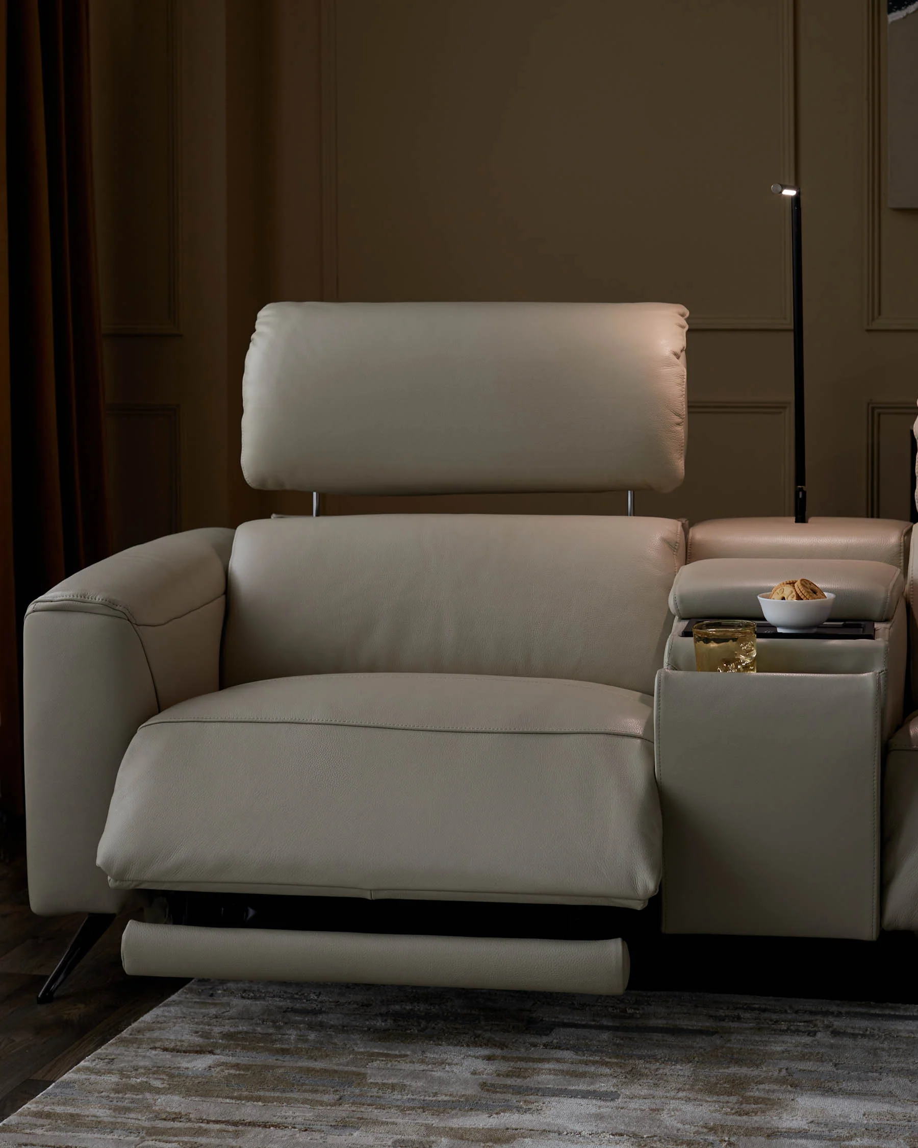 Kenzie Natural Grey Leather Recliner 3 Seater Sofa with Console table - Image 7