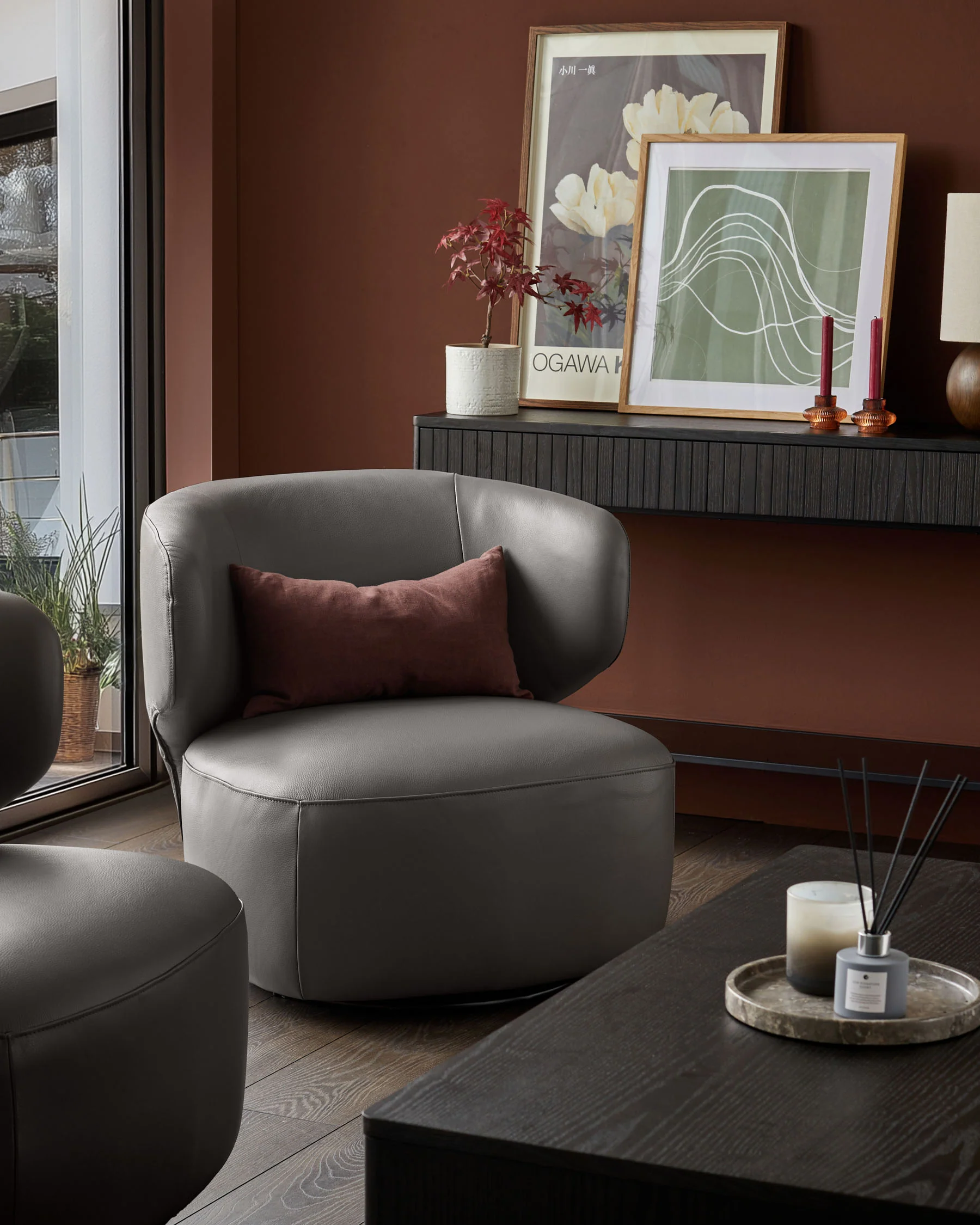 Landon dark grey leather swivel accent chair - Image 2