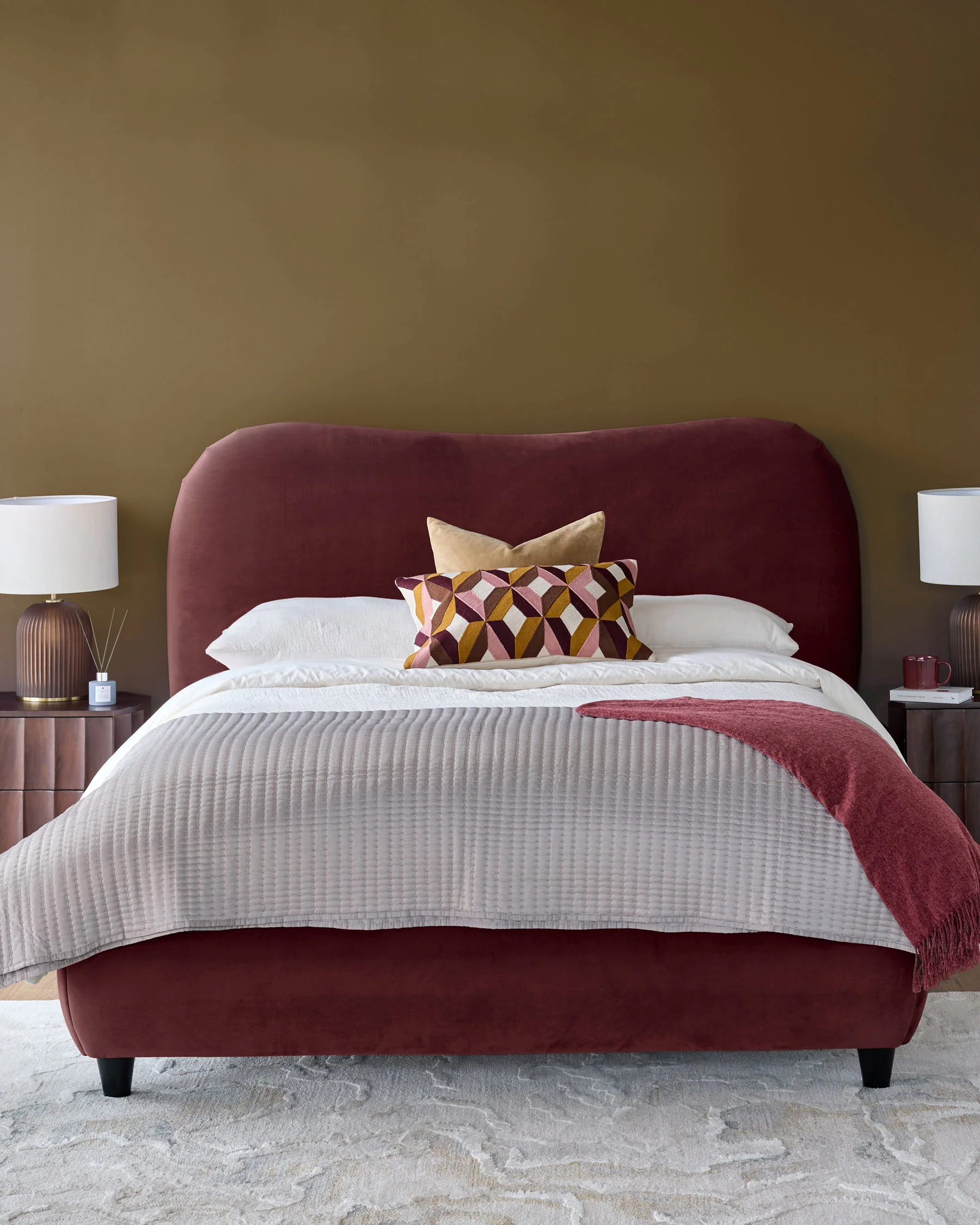 Lani plum velvet king size ottoman storage bed