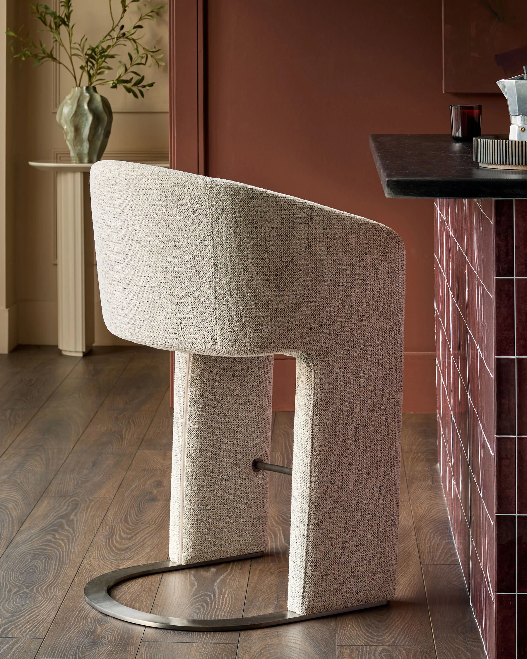 Leighton grey fabric black steel cantilever bar stool - Image 2