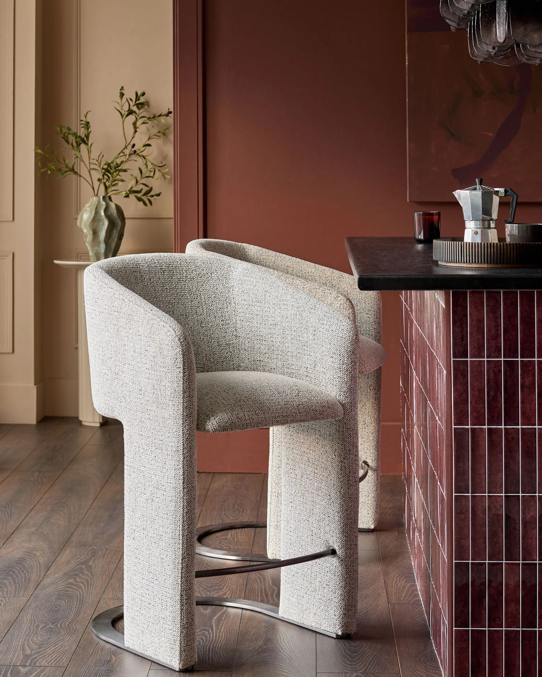 Leighton grey fabric black steel cantilever bar stool - Image 3