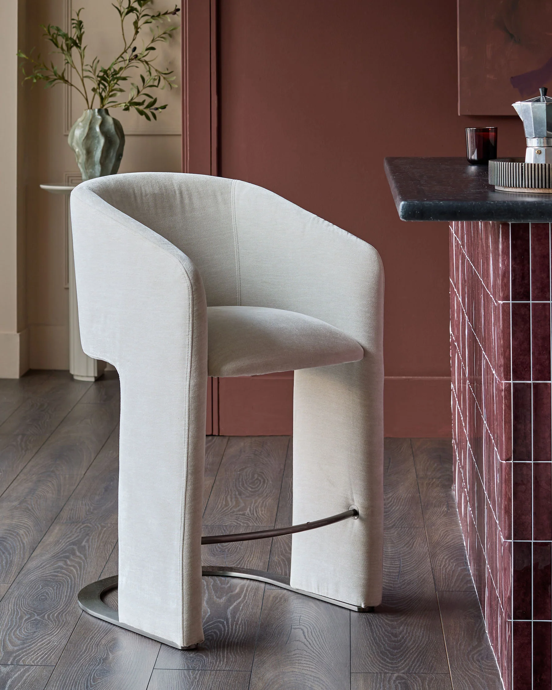 Leighton natural grey chenille black steel cantilever bar stool