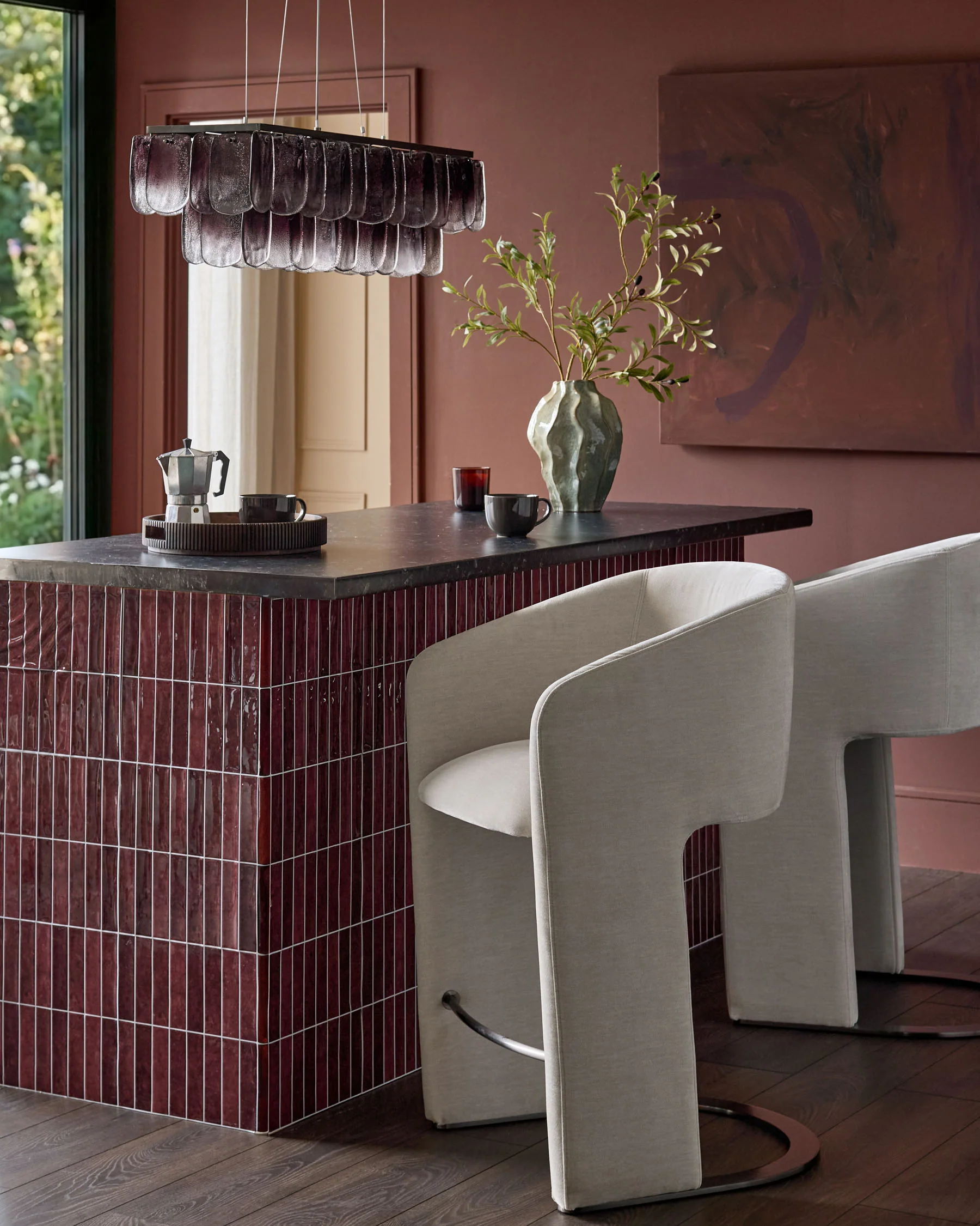 Leighton natural grey chenille black steel cantilever bar stool - Image 2