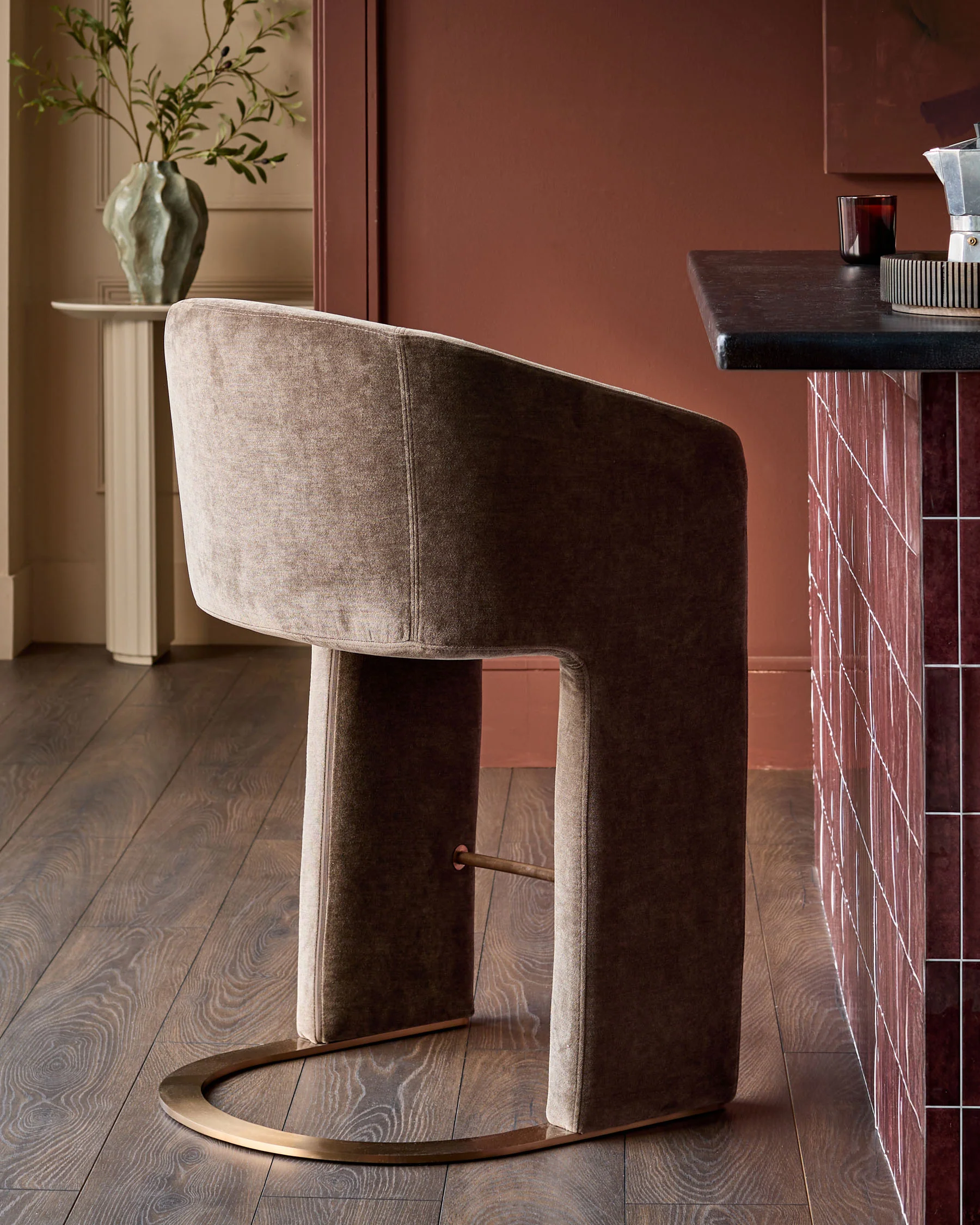 Leighton mocha chenille brushed bronze cantilever bar stool - Image 2