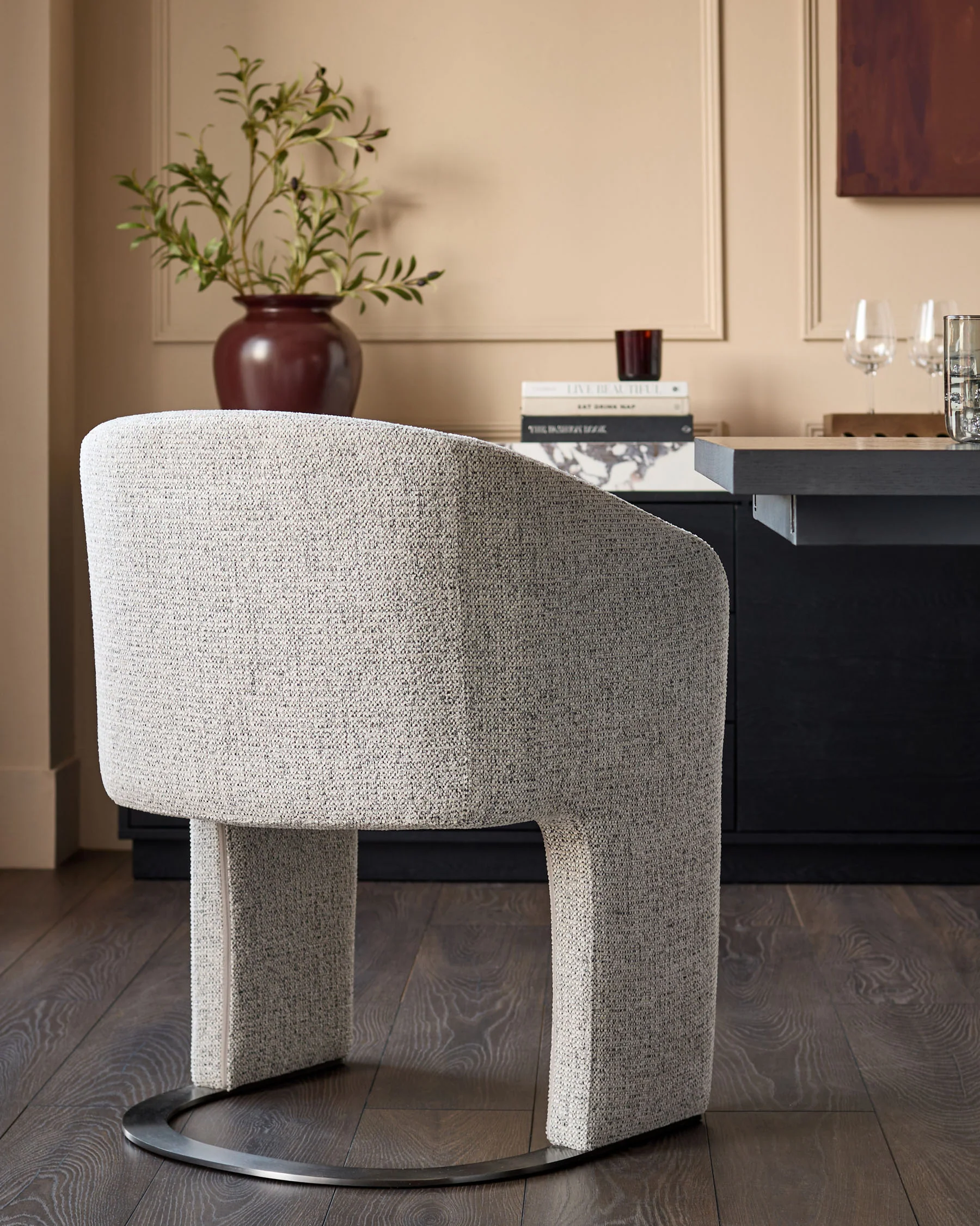 Leighton grey fabric black steel cantilever dining chair - Image 3