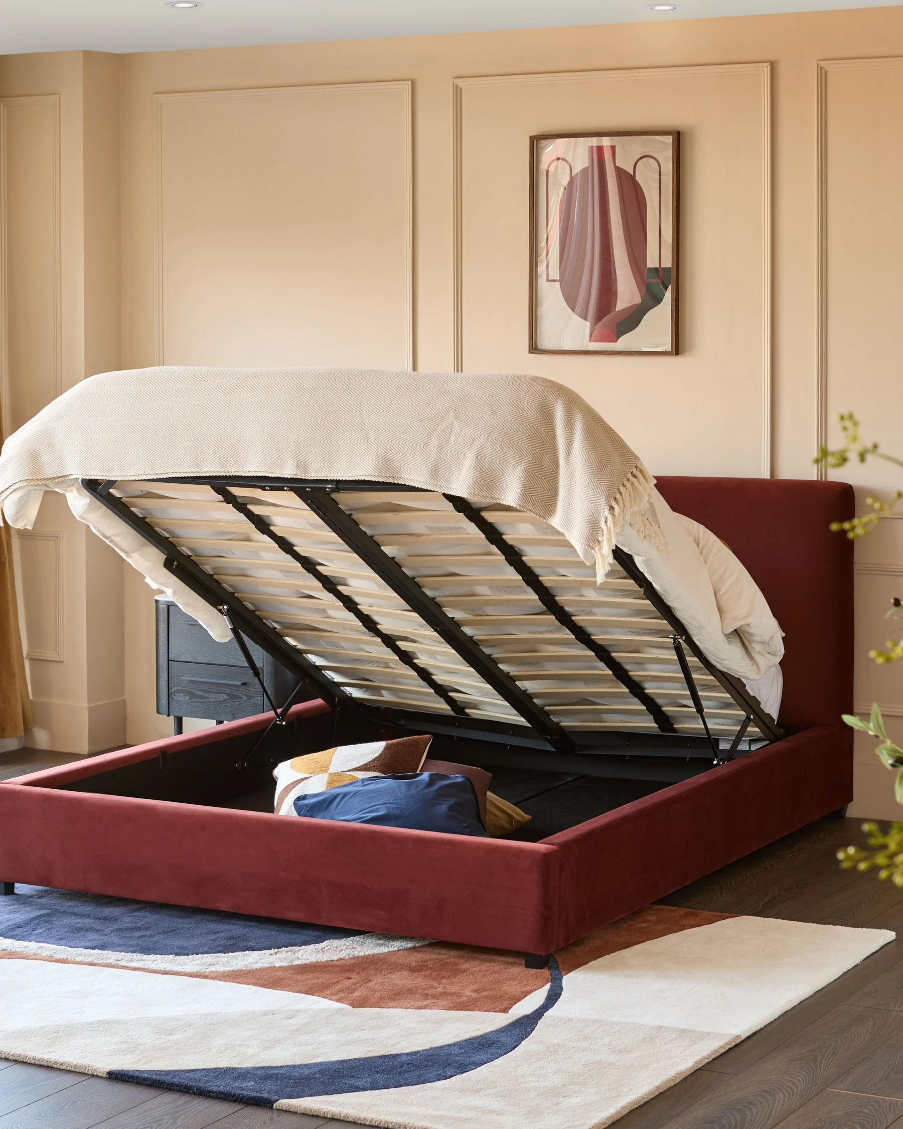 Leona toffee red velvet double ottoman storage bed - Image 3