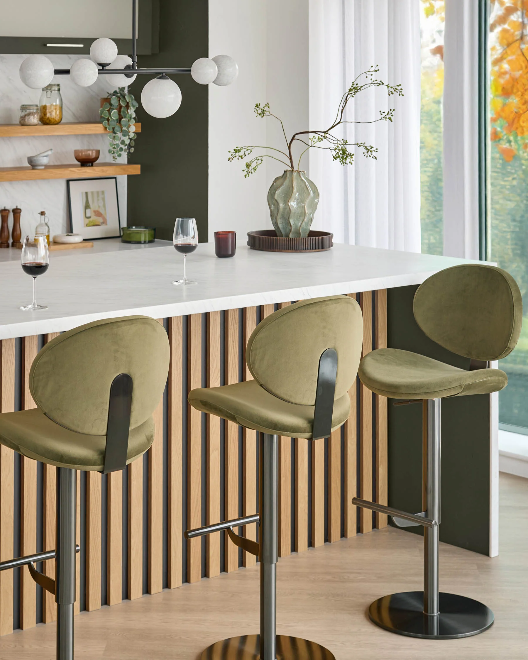 Lilah olive green velvet gas lift bar stool - Image 2