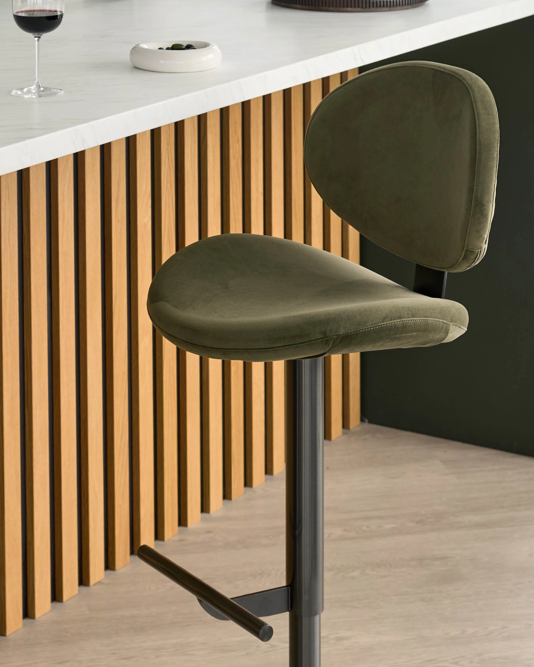 Lilah olive green velvet gas lift bar stool - Image 8