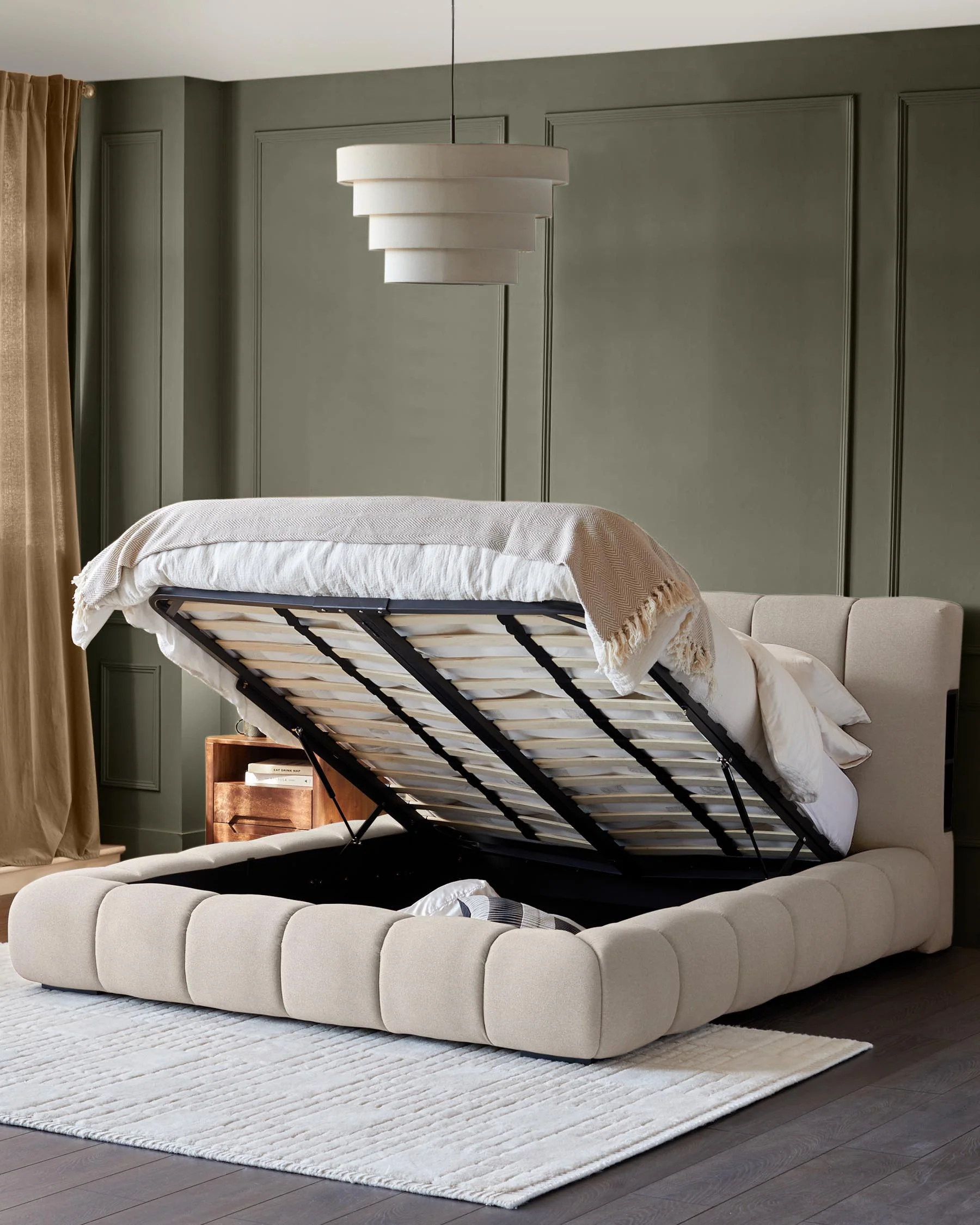 Lillian cream plush fabric super king size ottoman storage bed - Image 5