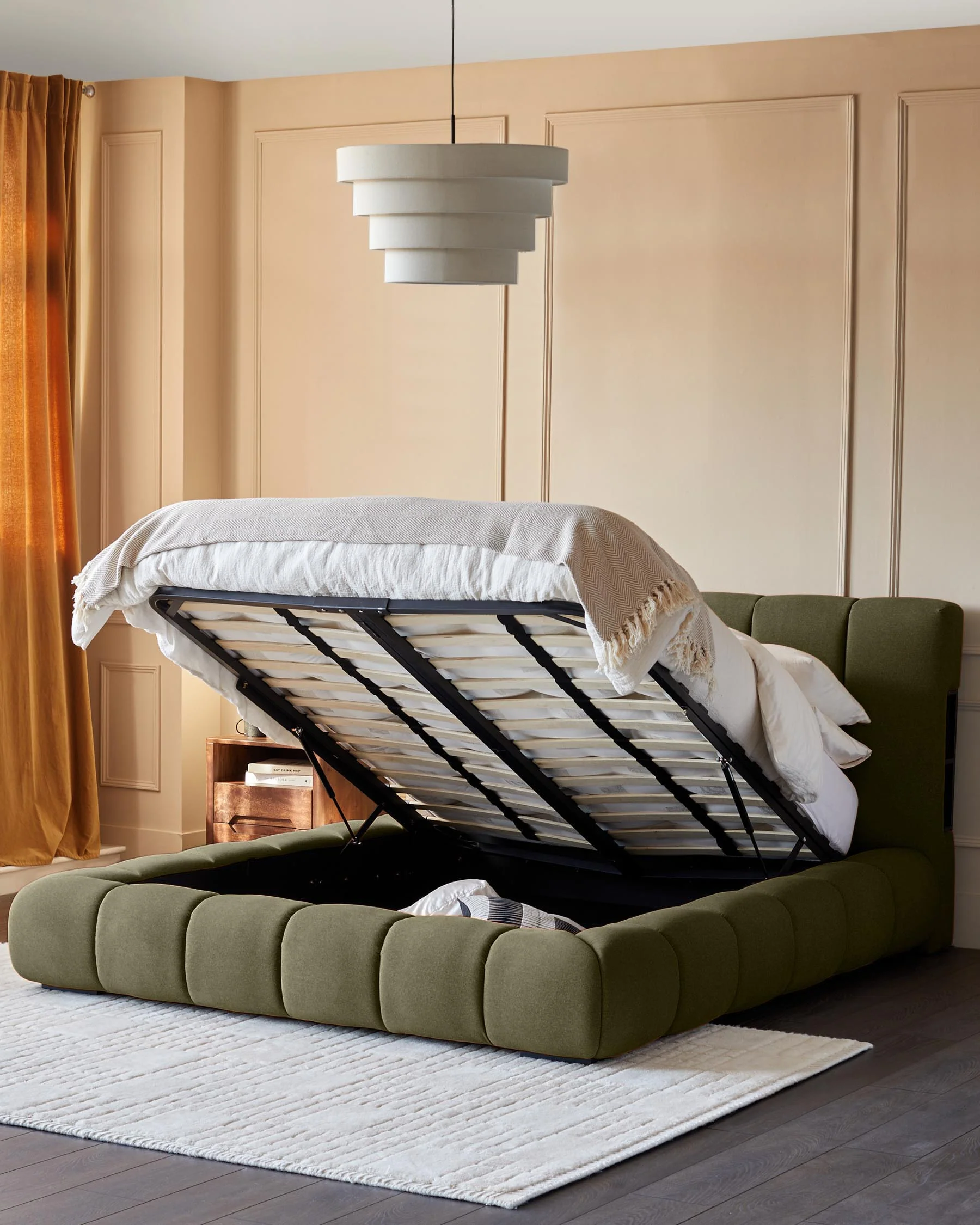 Lillian olive green fabric king size ottoman storage bed - Image 4