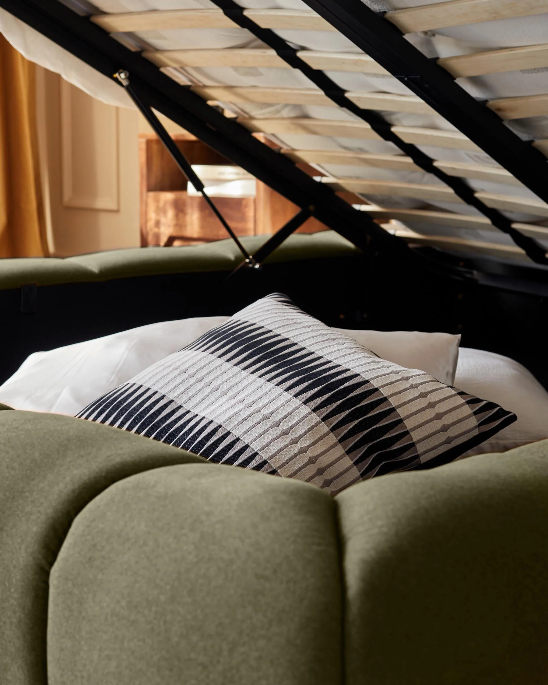 Lillian olive green fabric king size ottoman storage bed - Image 7