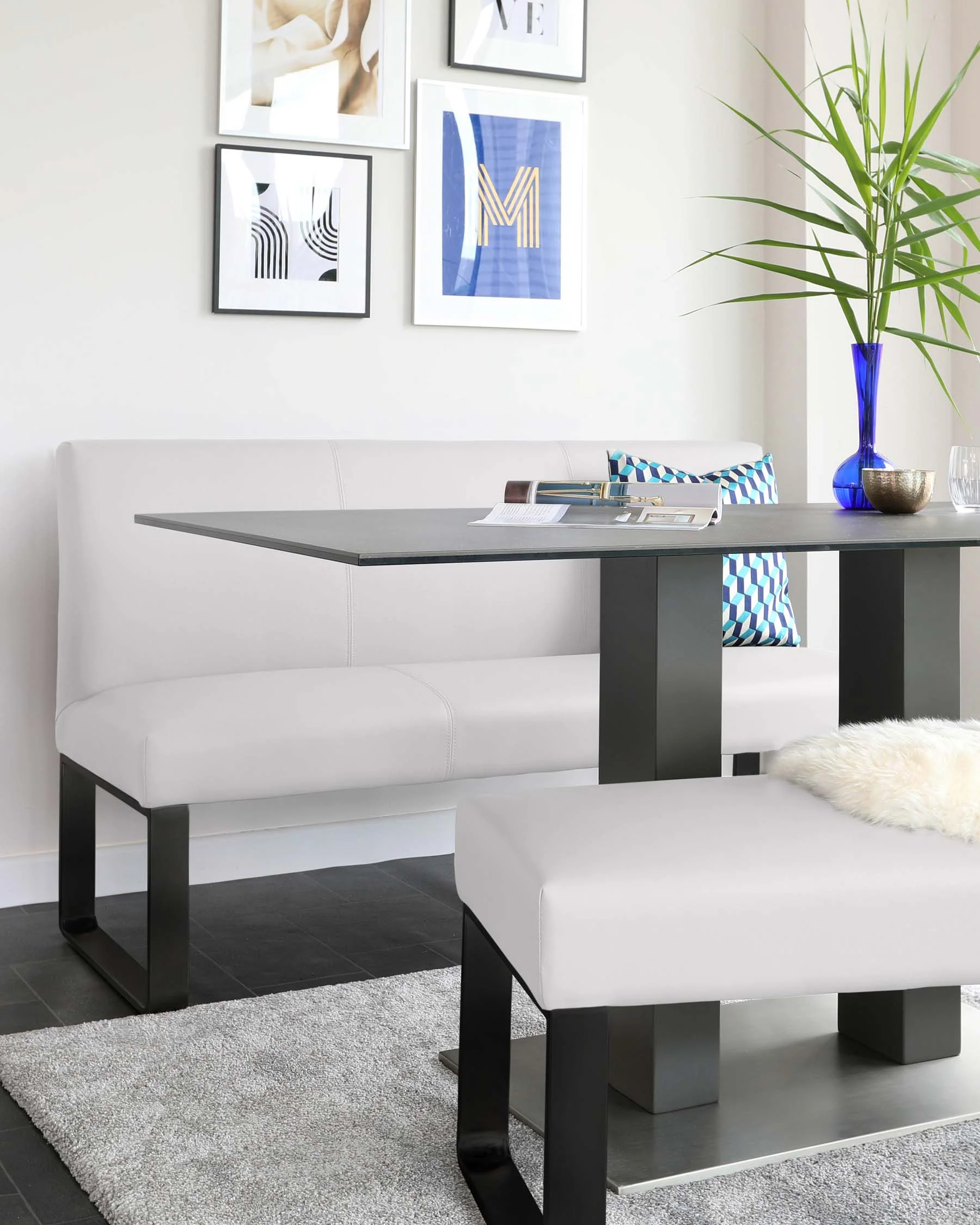 Loop 3 Seater Bench Light Grey Faux Leather & Black Leg Bench Without Backrest - Image 3