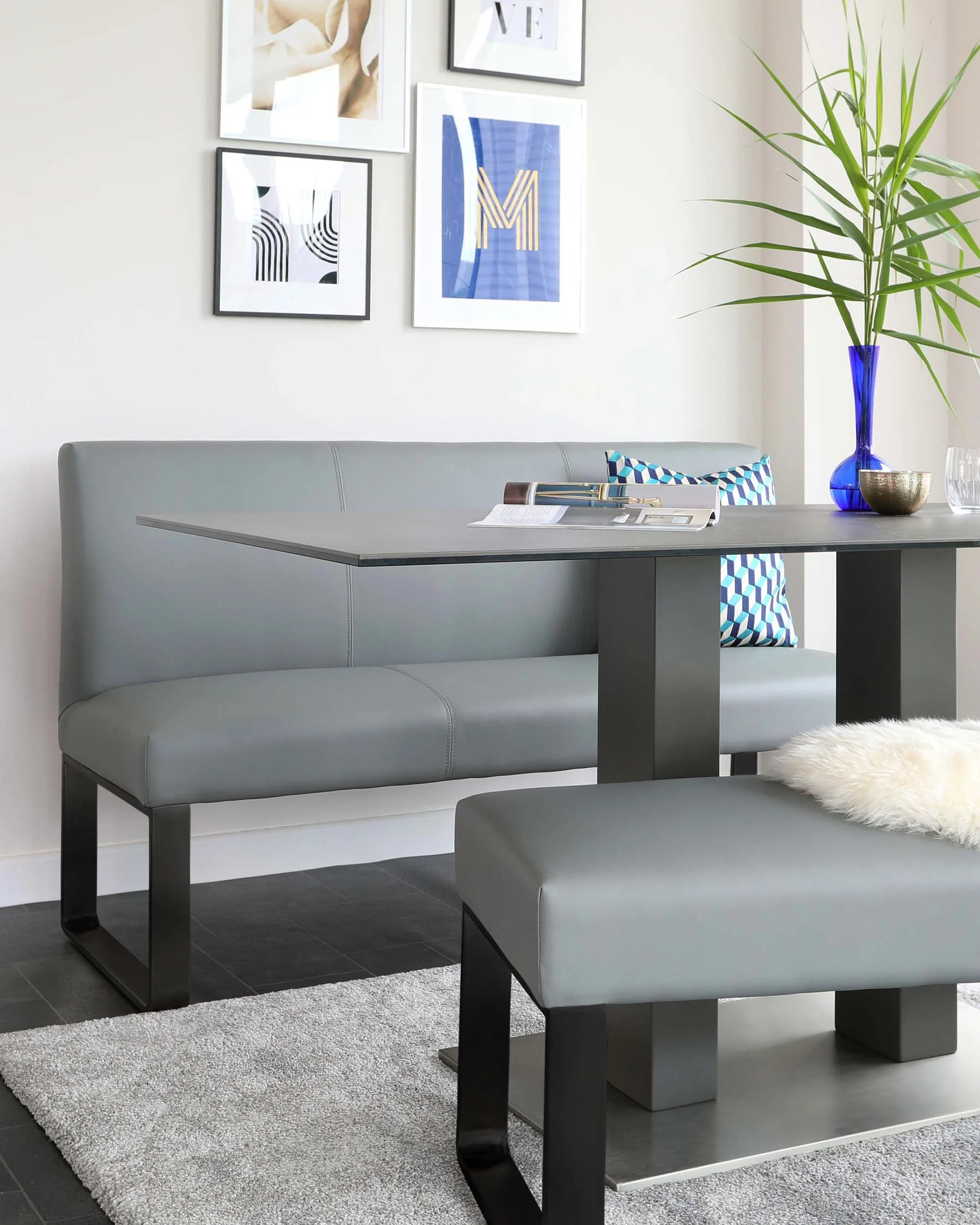 Loop Mid Grey Faux Leather & black leg 3 Seater Bench Without Backrest - Image 4