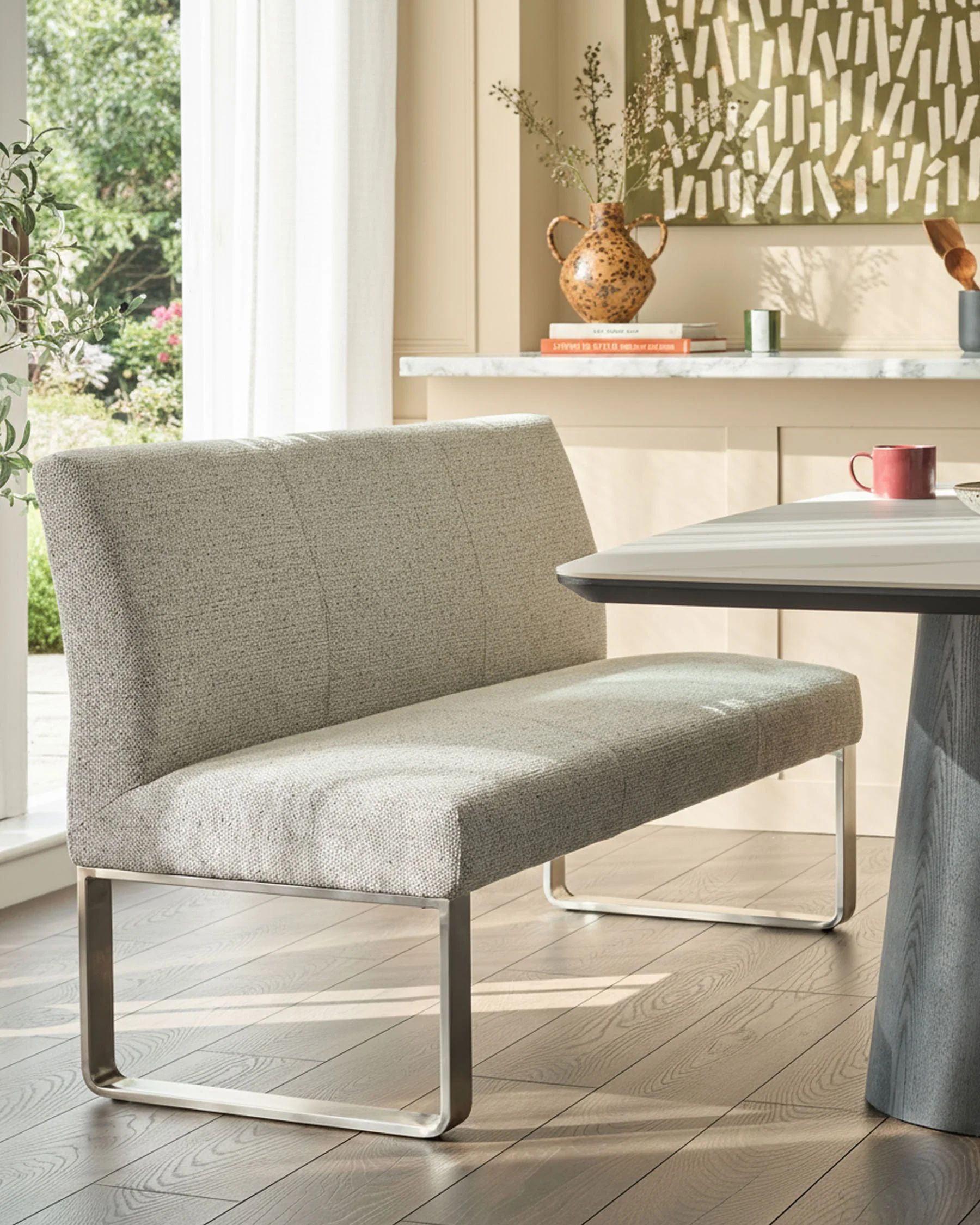 Loop grey fabric stainless steel 3 seater dining bench with backrest