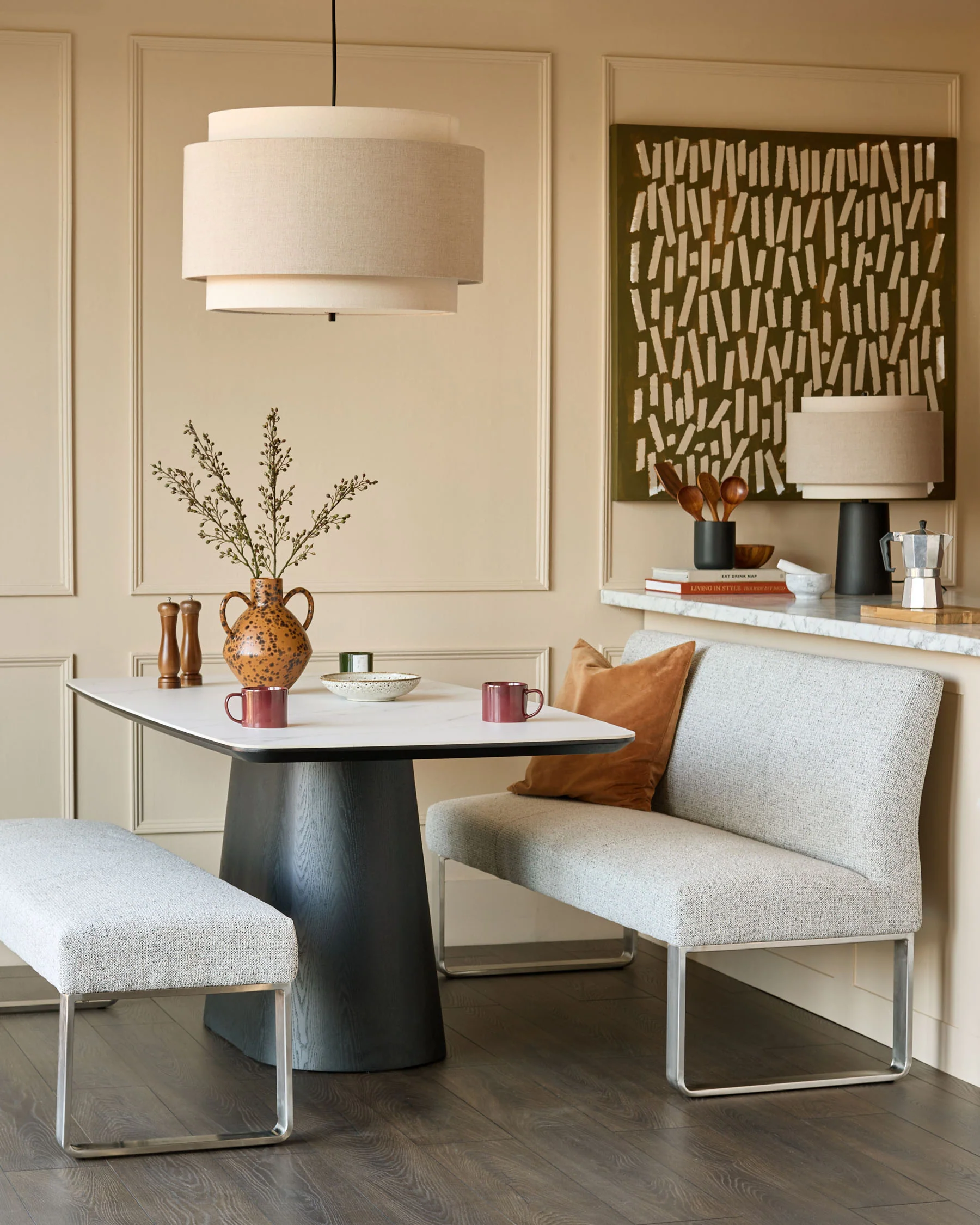 Loop grey fabric stainless steel 3 seater dining bench with backrest - Image 4